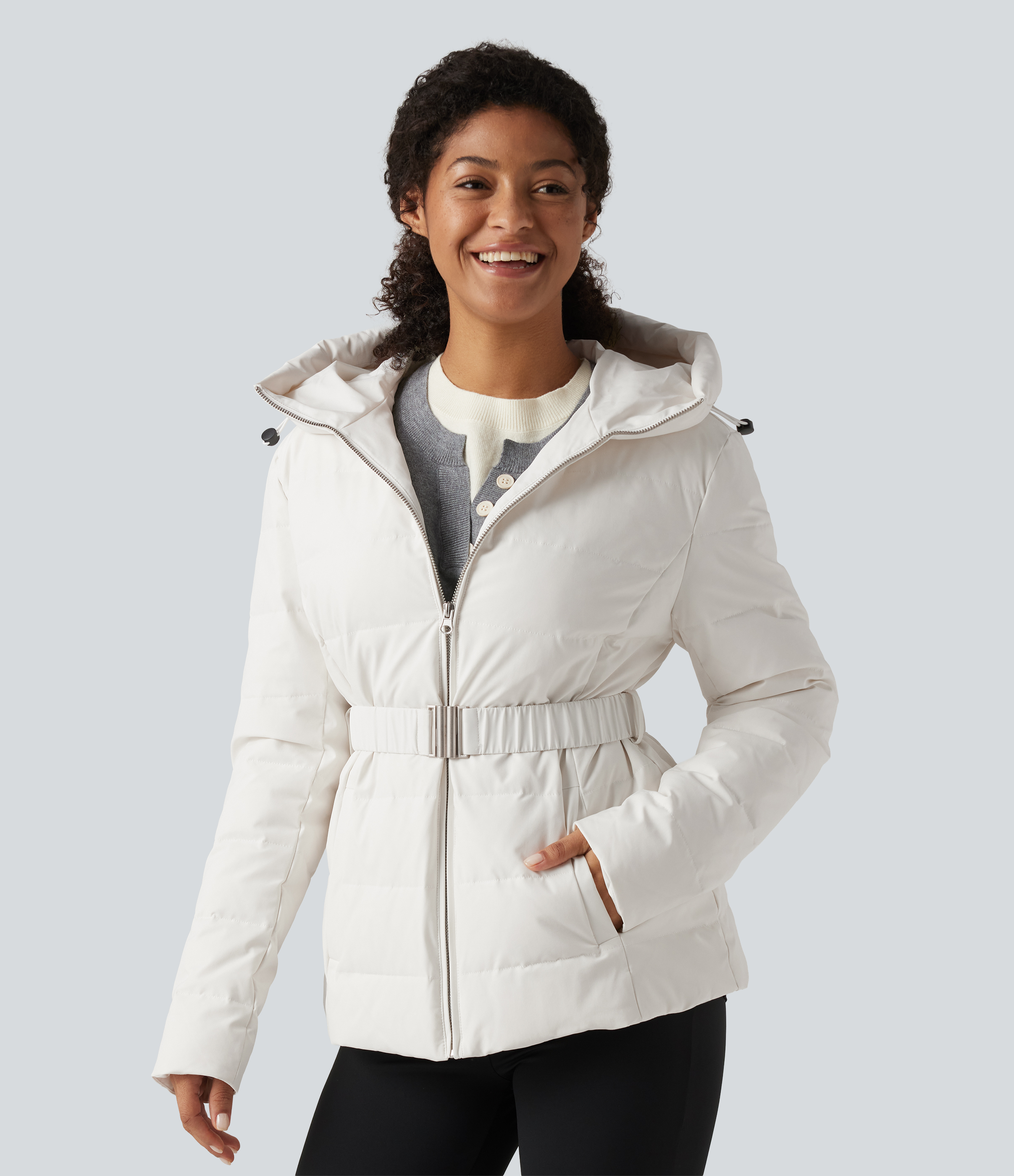 Hooded Long Sleeve Belted Work Down Jacket with Pockets