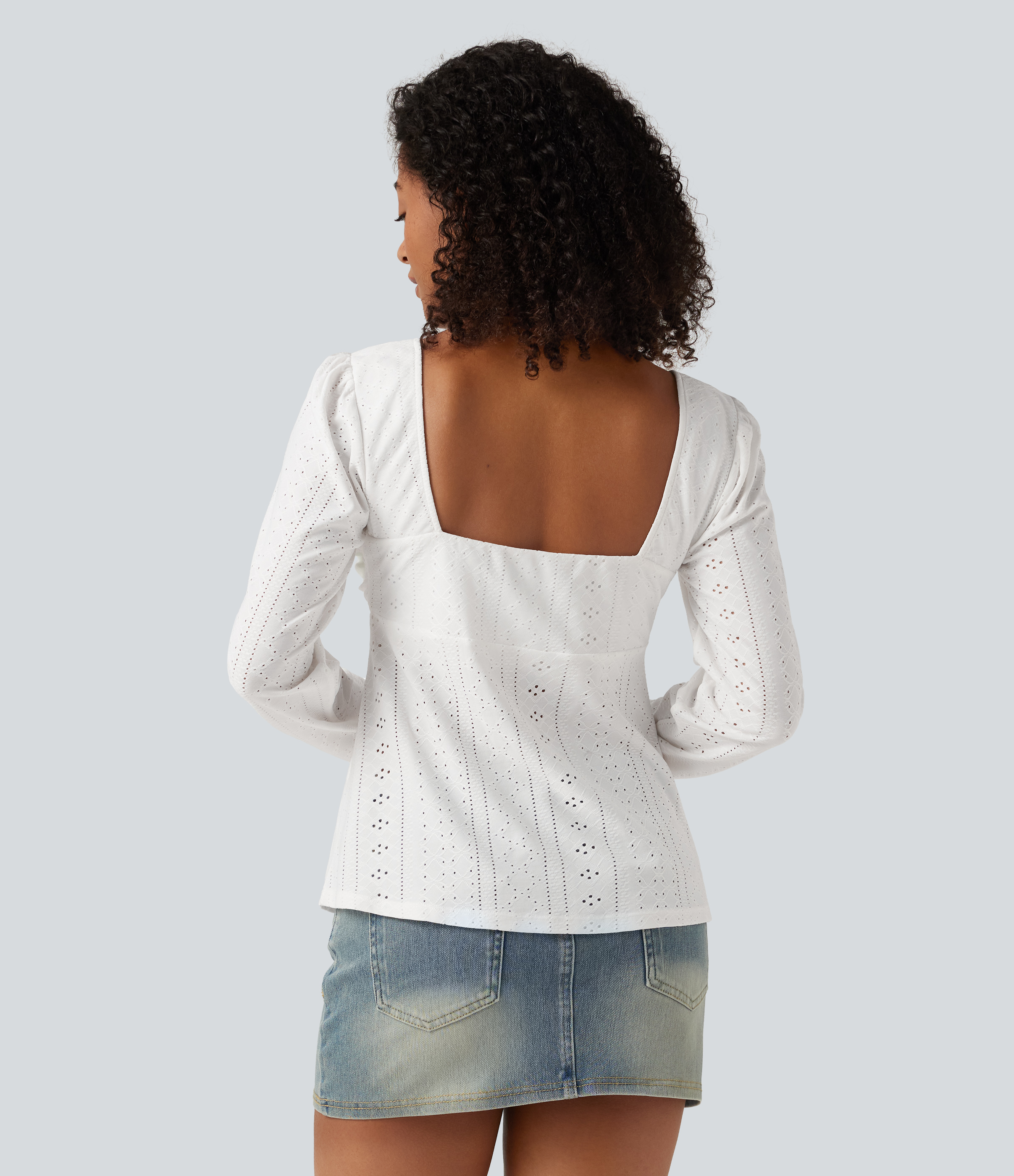 White Sweetheart Neck Long Sleeve Lace Up Built-in Bra Eyelet Casual Top / 2