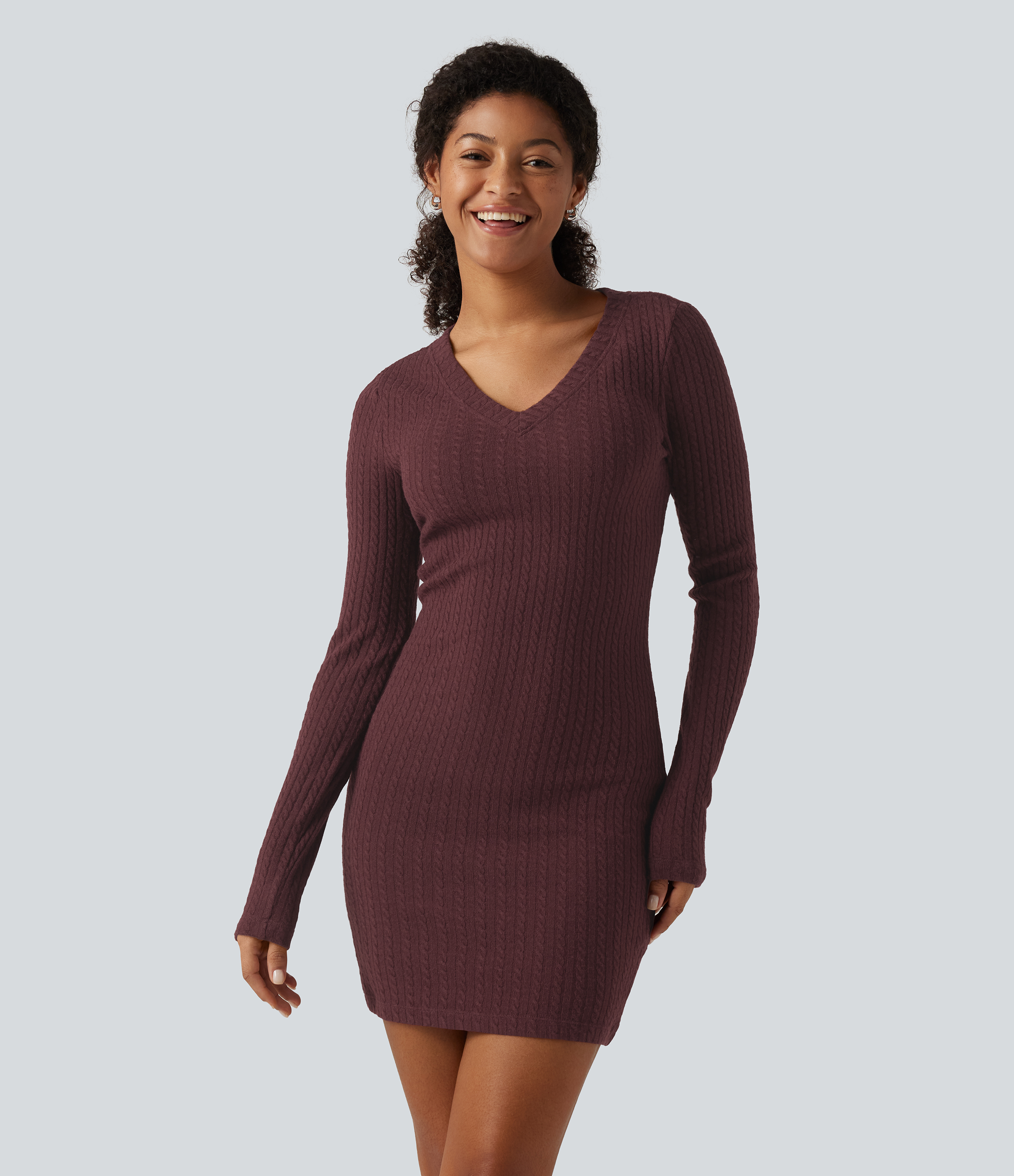 V Neck Long Sleeve Bodycon Mini Casual Dress
