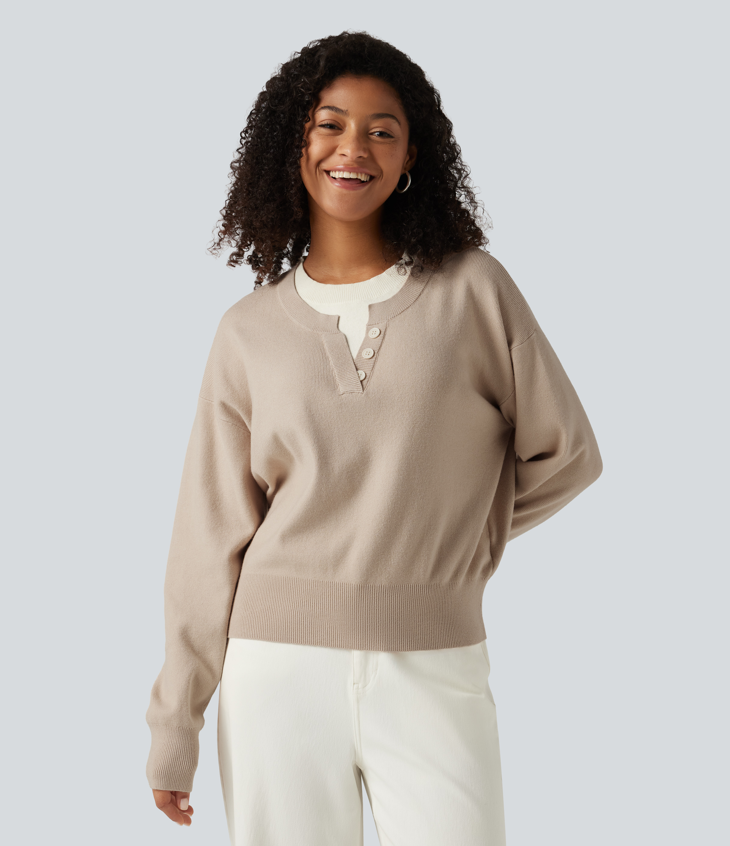 Round Neck Dropped Long Sleeve Color Block Work Sweater