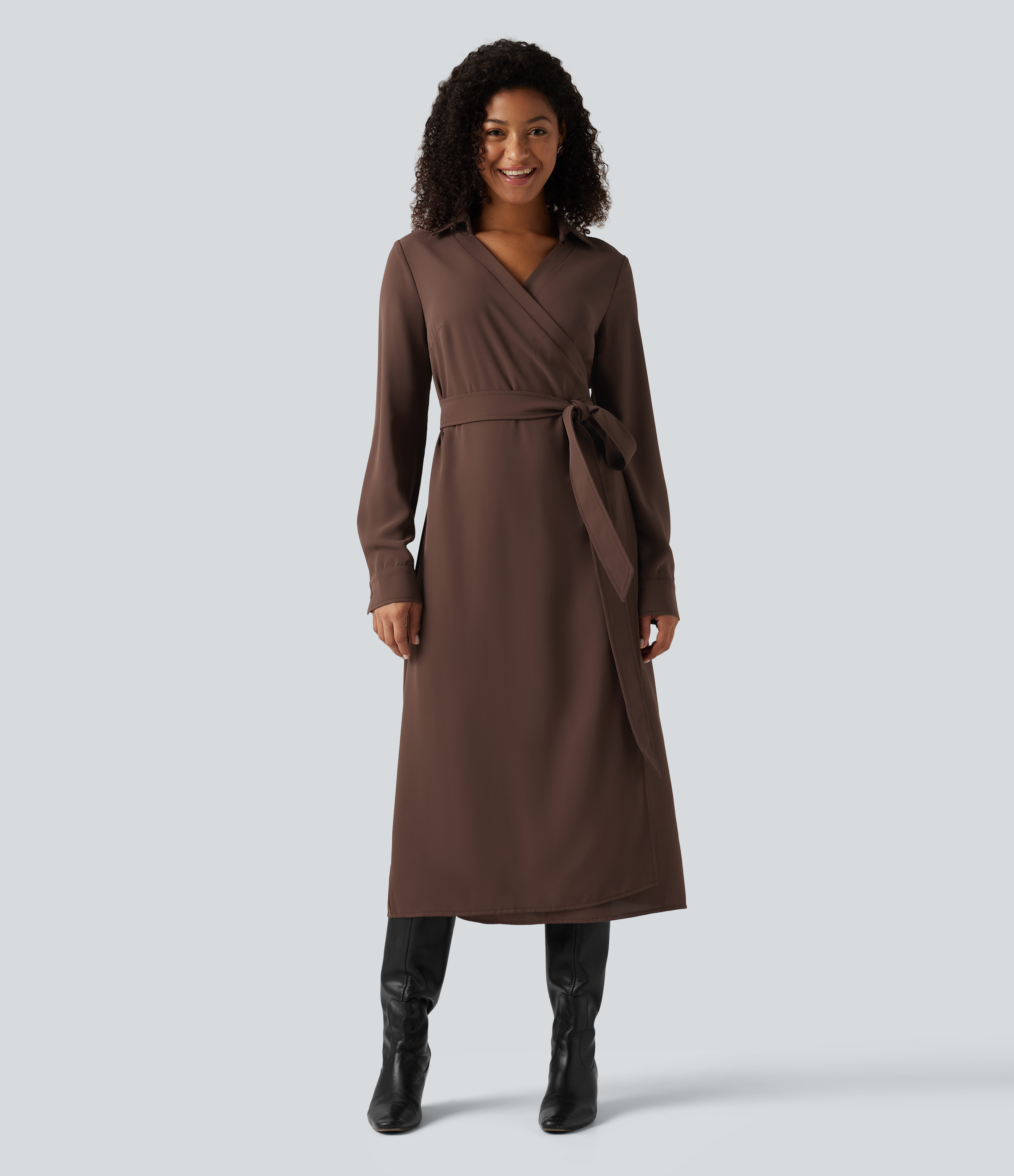 V Neck Long Sleeve Belted Wrapped Midi Work Shirt Dress