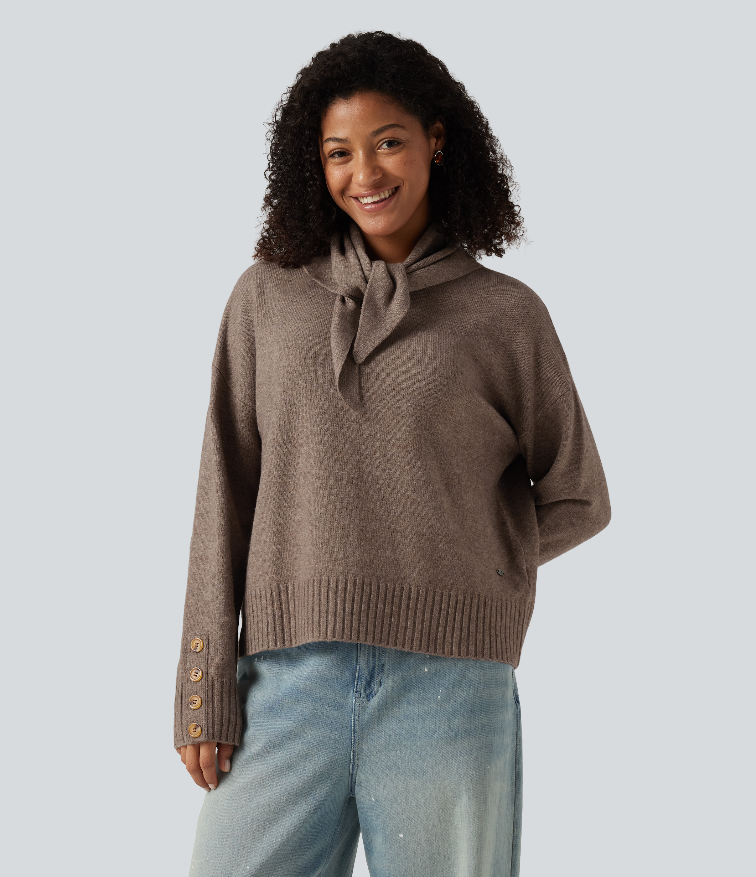 Round Neck Long Sleeve Casual Sweater with Scarf