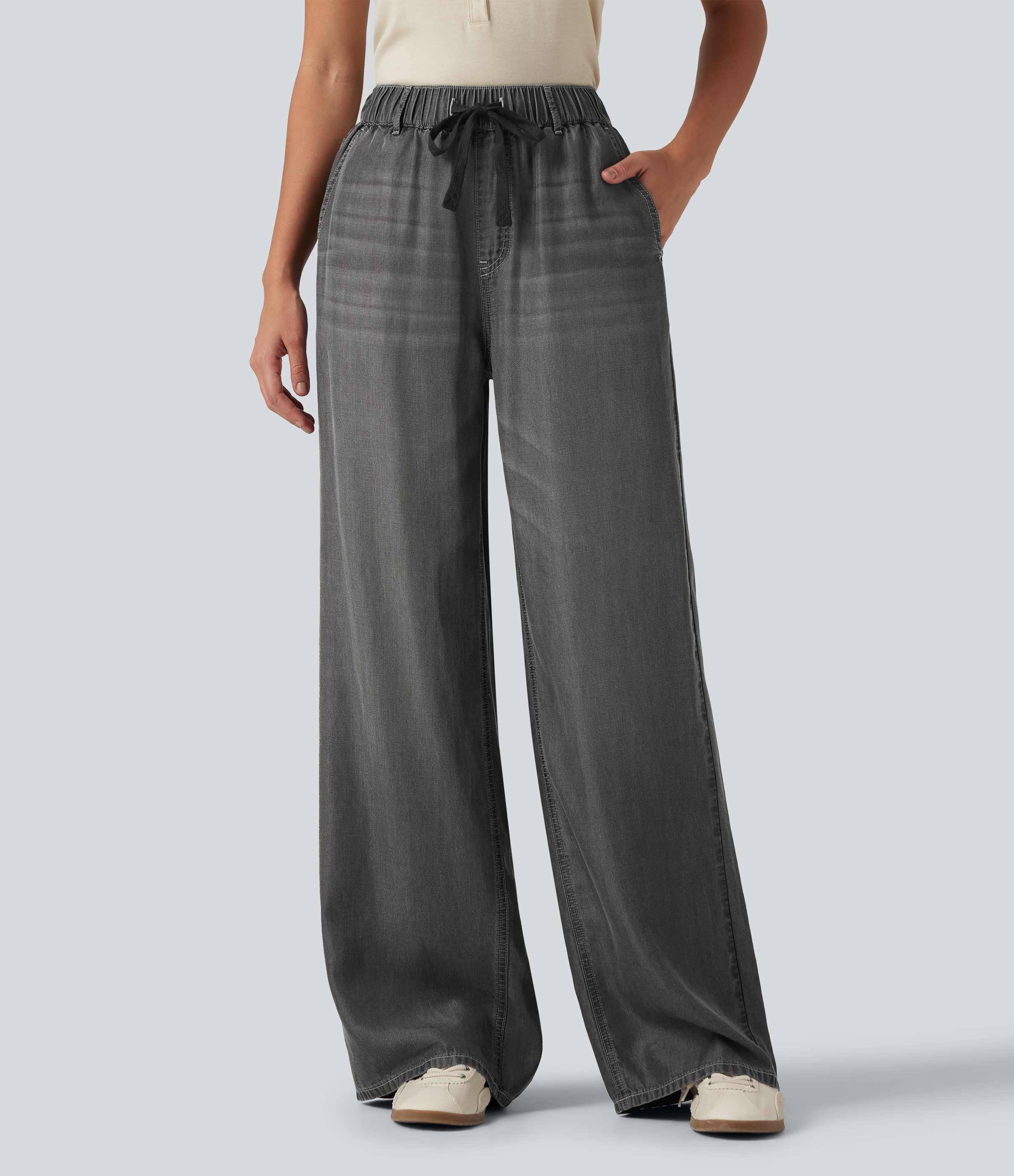 Mid Rise Drawstring Casual Jeans with Pockets