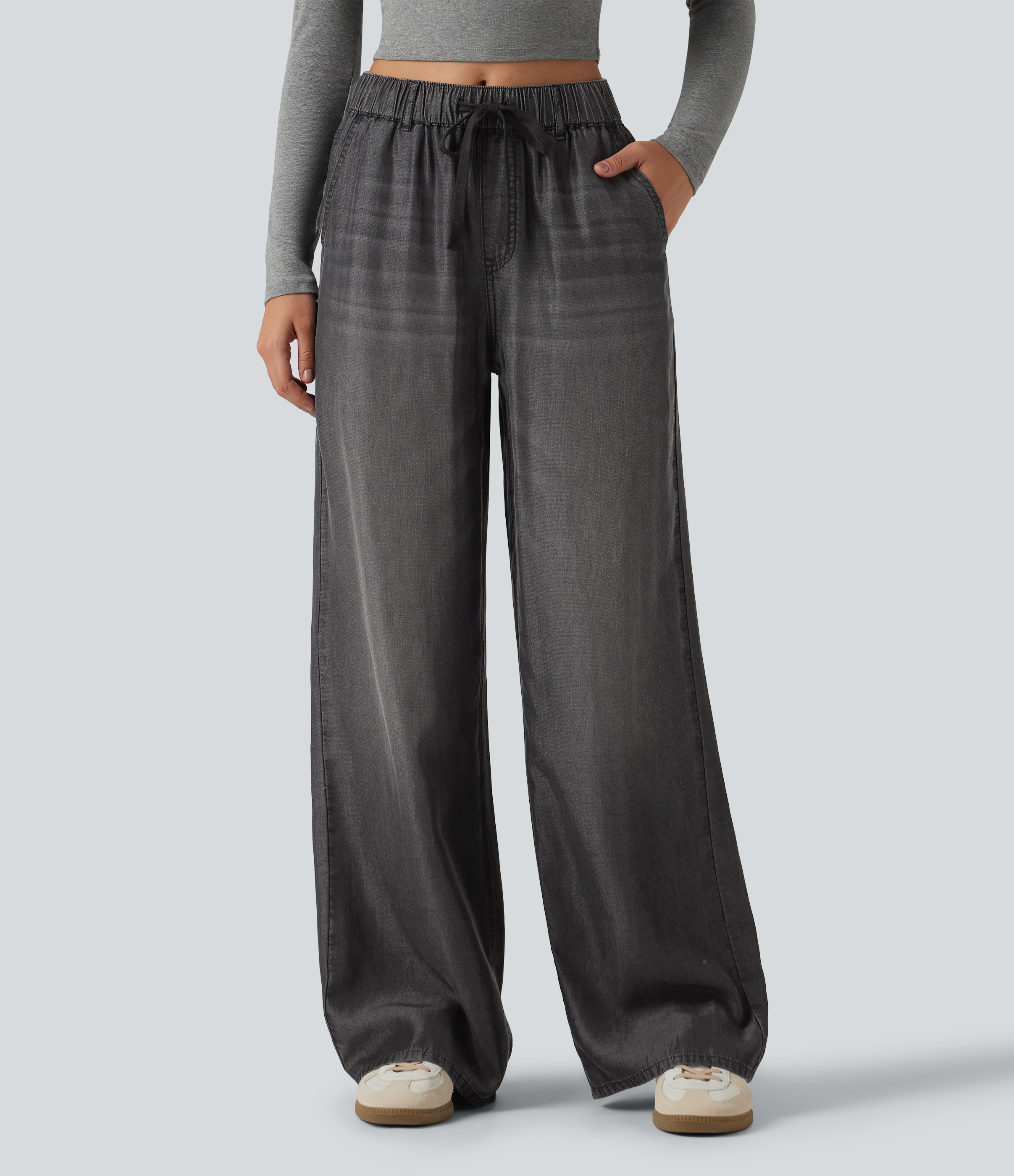 Mid Rise Drawstring Lightweight Summer Casual Baggy Jeans with Pockets
