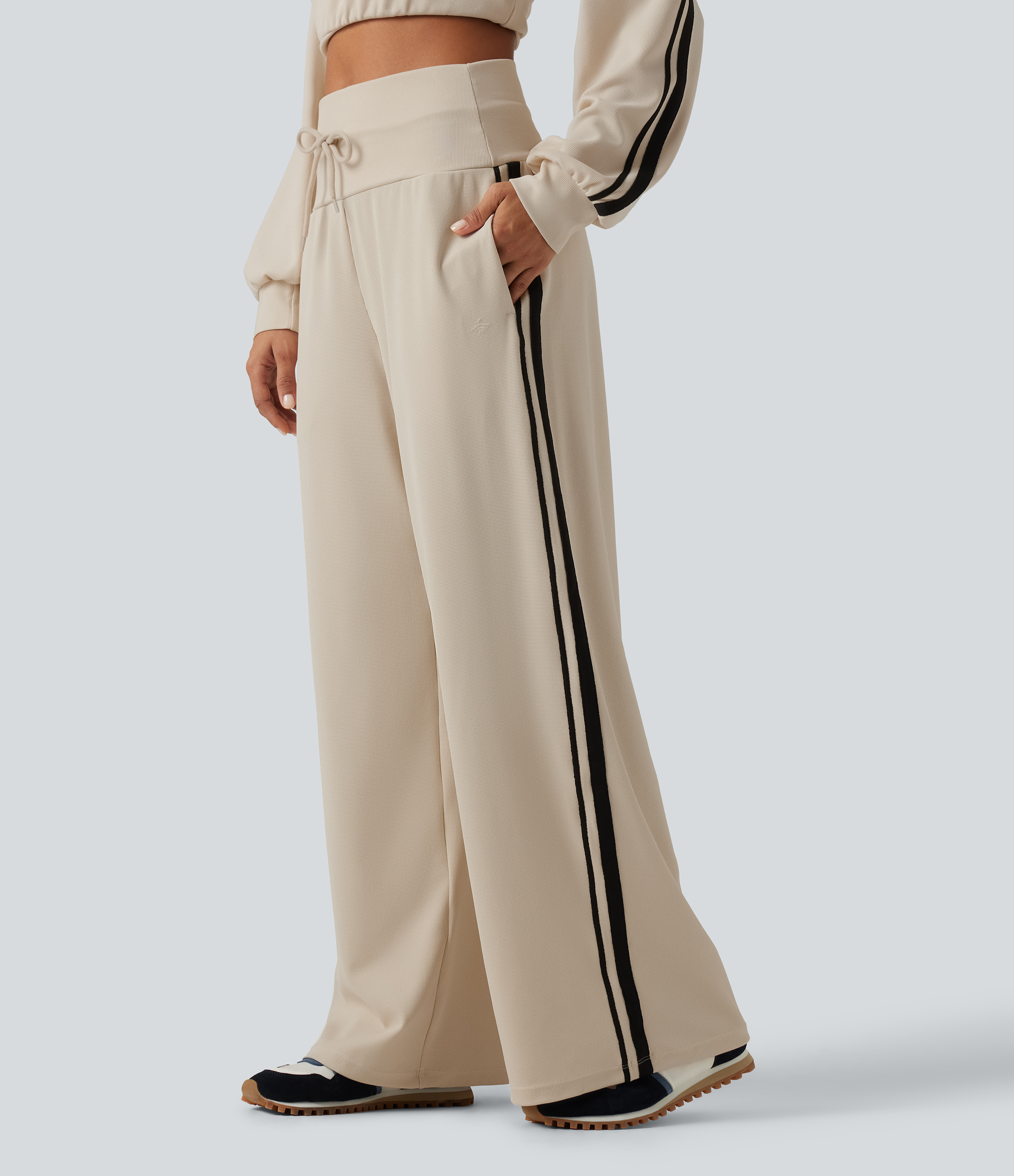High Waisted Drawstring Wide Leg Side Stripe Waffle Casual Pants with Pockets