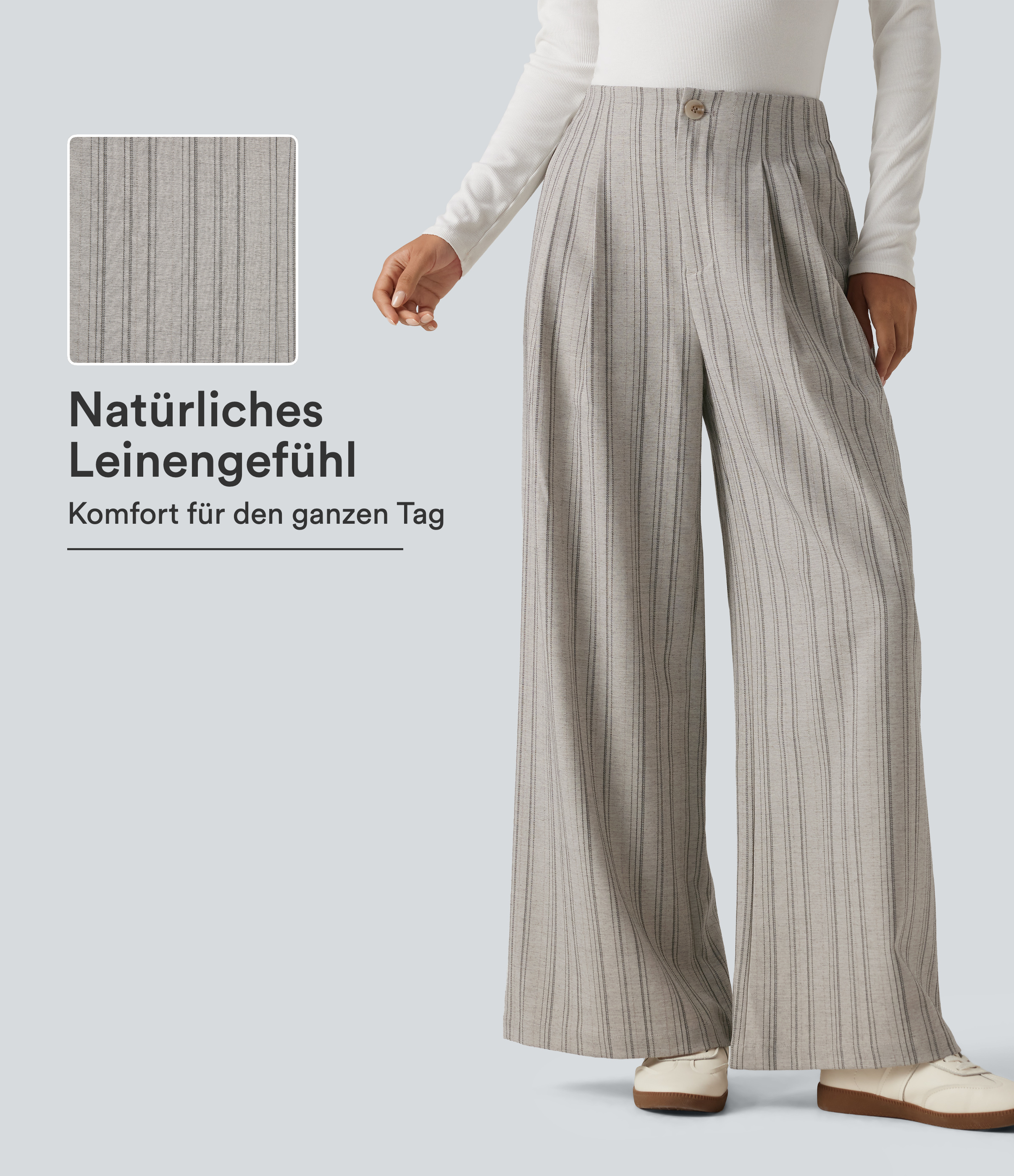 Lässige Baggy-Hose in Leinenoptik mit hohem Bund, Seitentaschen und Streifen