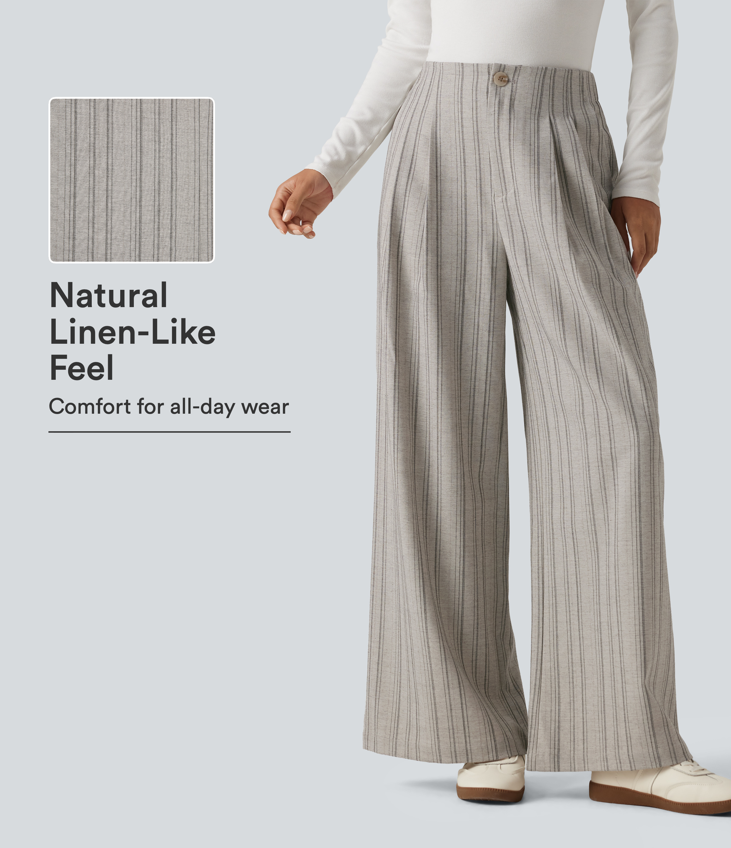 High Waisted Baggy Stripe Casual Linen-Feel Pants with Pockets