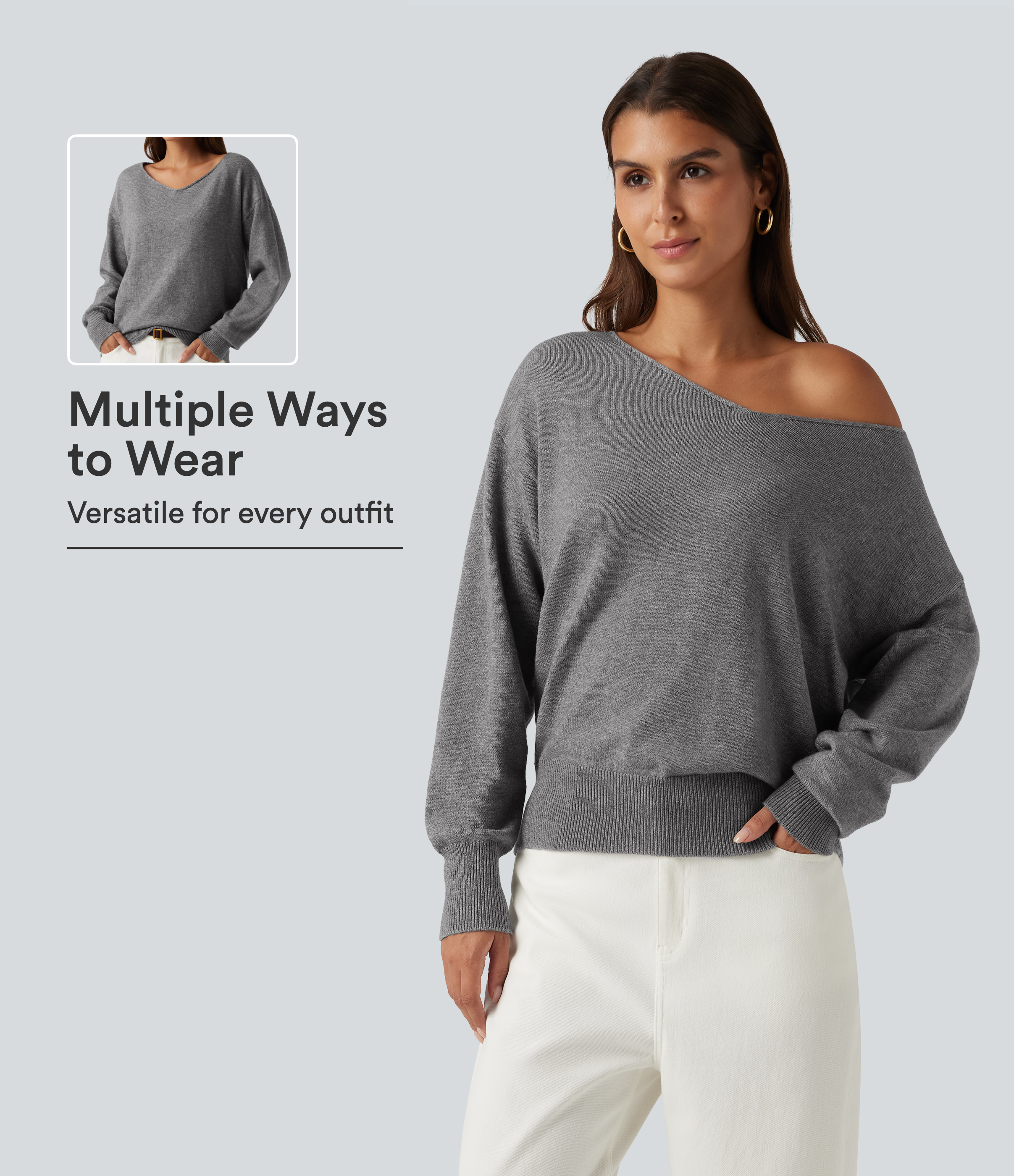 Mottled Grey One Shoulder Long Sleeve Work Sweater / 1