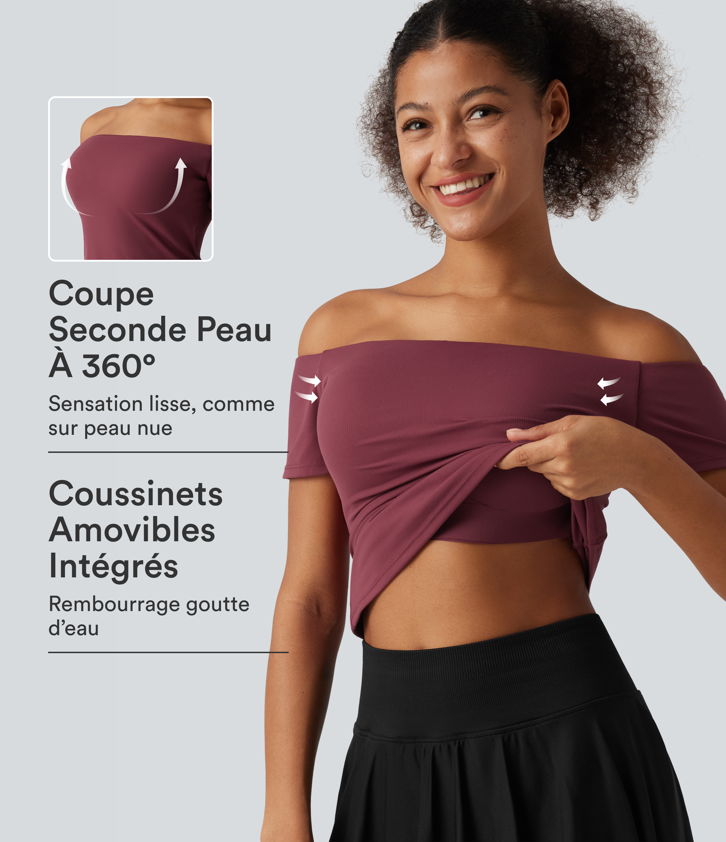 Haut de danse à épaules dénudées, manches courtes et coussinets amovibles, bonnets B à E