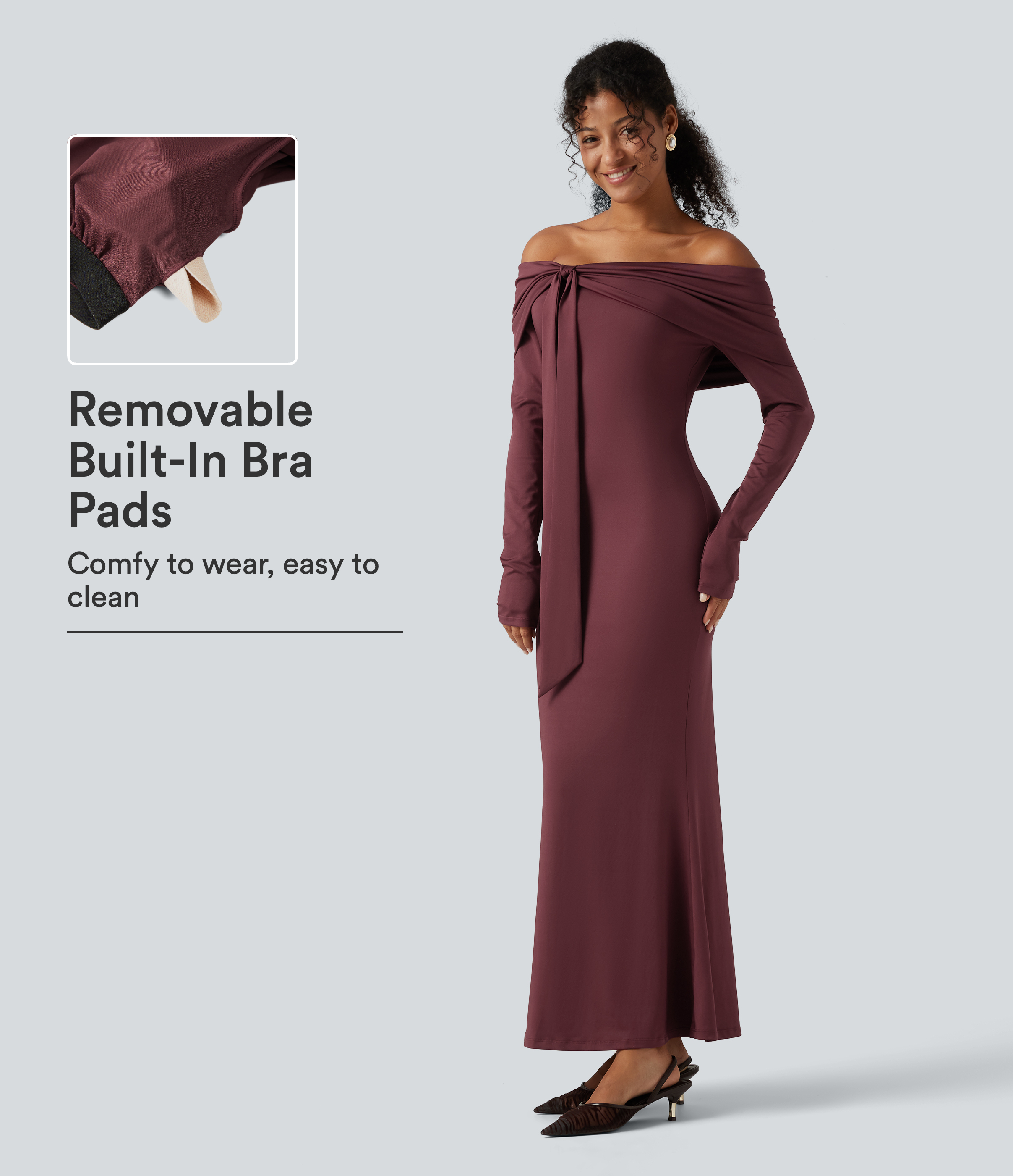 Off Shoulder Long Sleeve Ruched Built-in Bra Mermaid Maxi Dress 