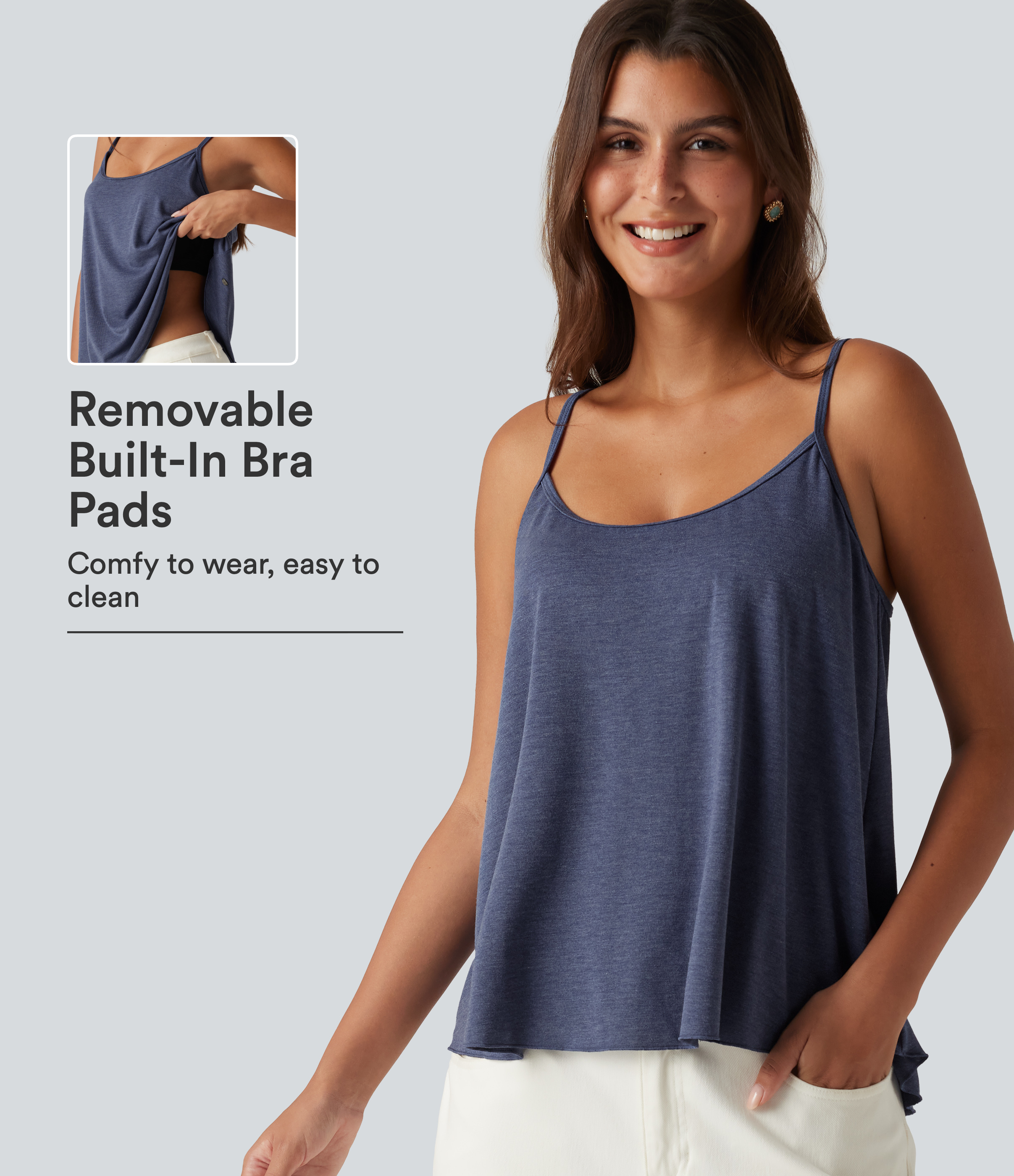 Scoop Neck Built-in Bra Heathered Casual Tank Top