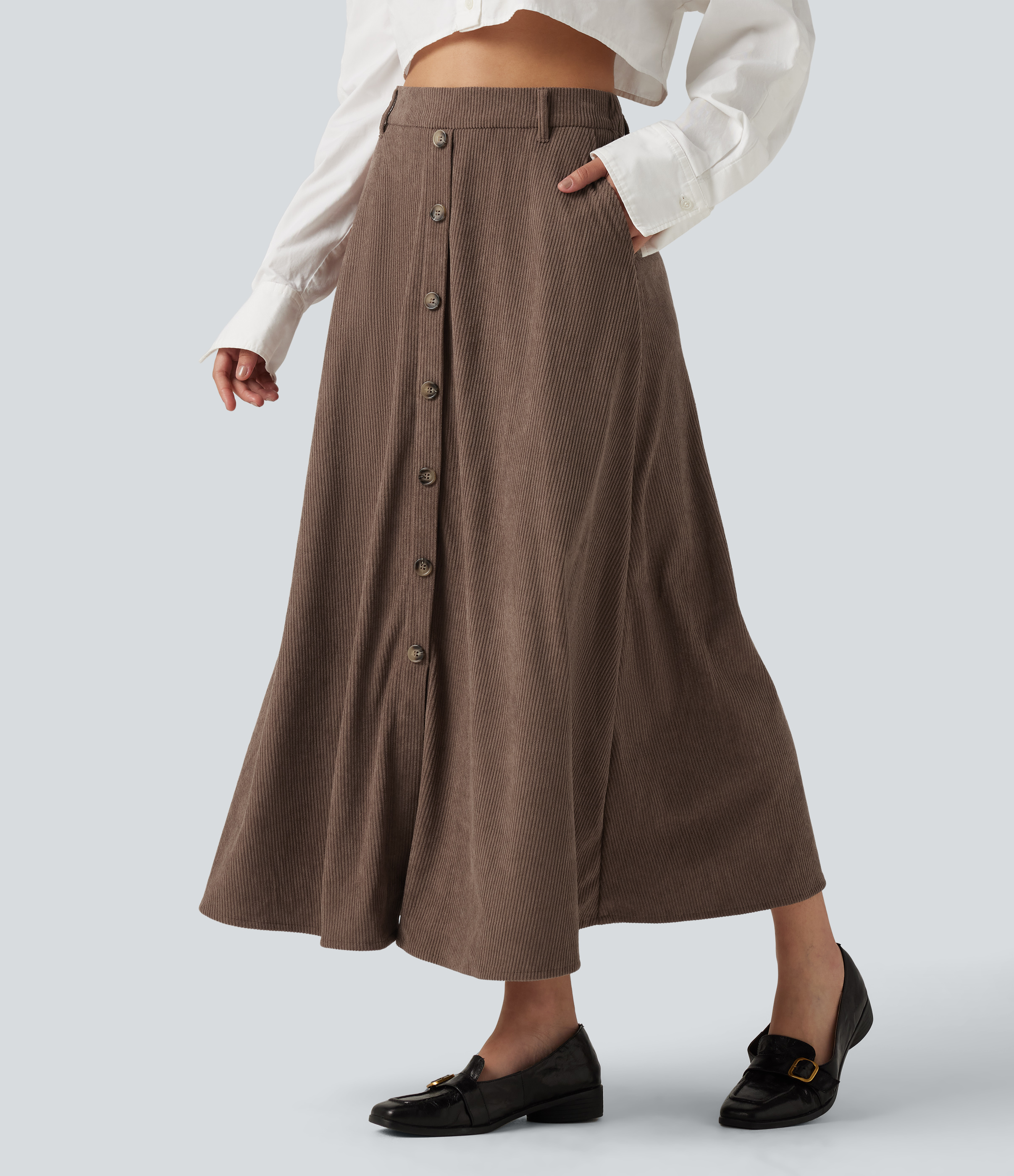 High Waisted A-Line Corduroy Midi Casual Skirt with Pockets