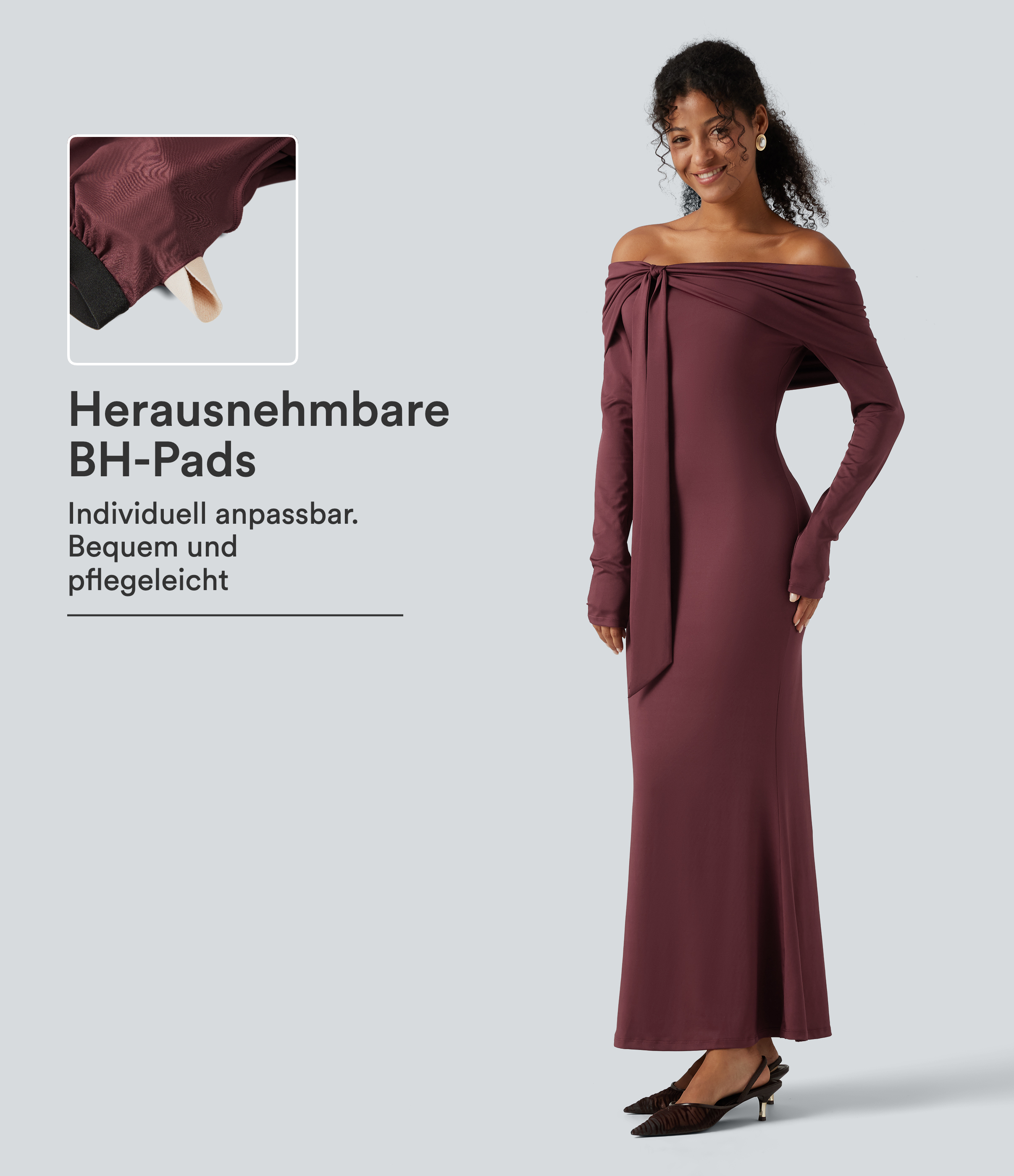 Schulterfreies, gerafftes Meerjungfrauen-Maxikleid mit langen Ärmeln und integriertem BH