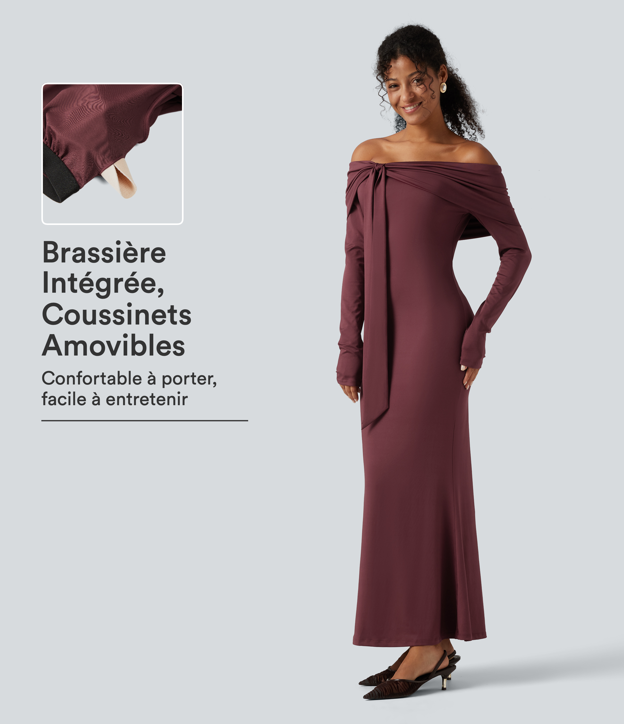 Robe maxi coupe sirène à épaules dénudées, manches longues, fronces et coussinets amovibles