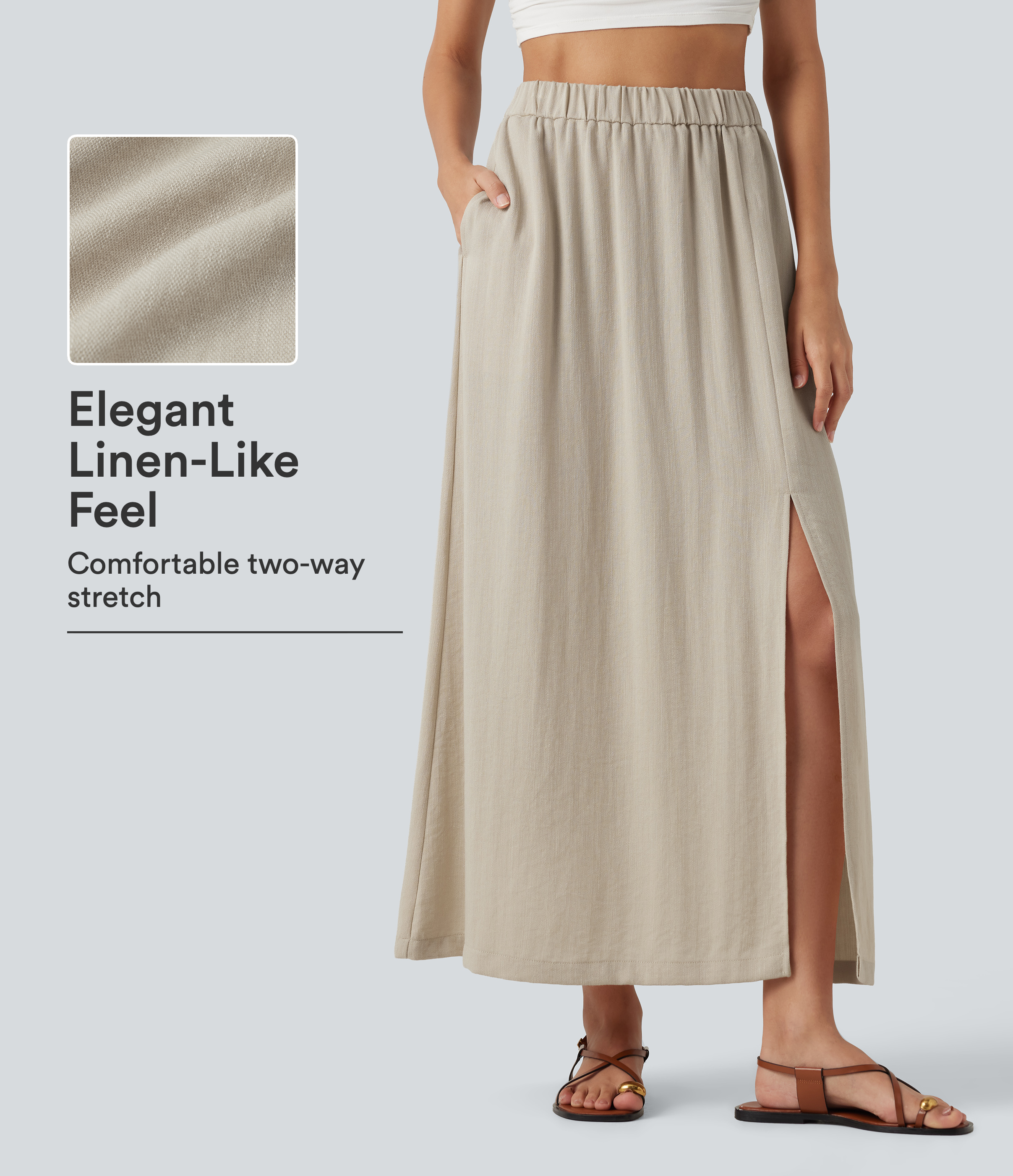 High Waisted Split Hem Maxi Casual Linen-Feel Skirt with Pockets