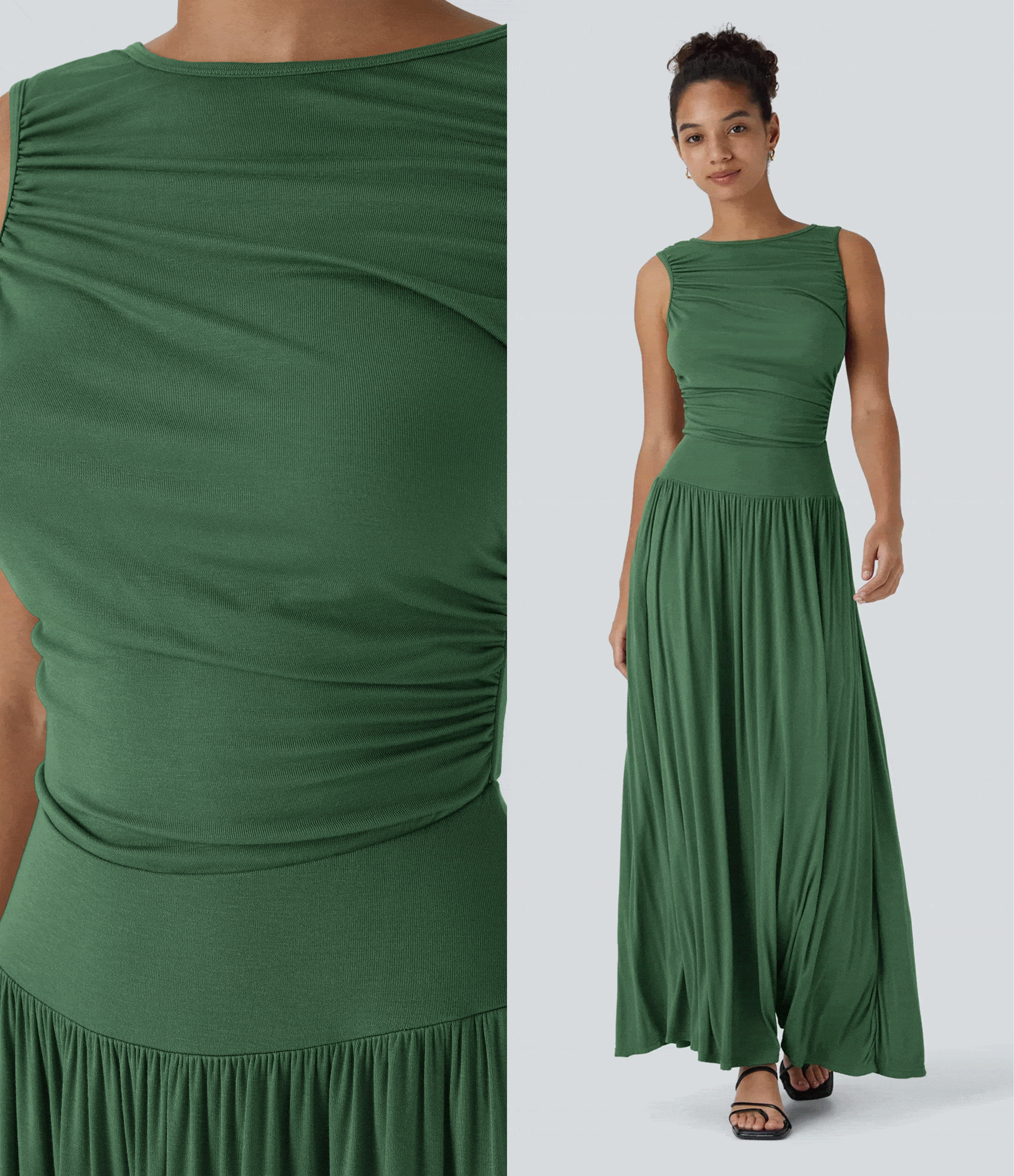 Dark Verdant Green Robe longue à encolure bateau, bretelles asymétriques, côtés froncés et poches / 2