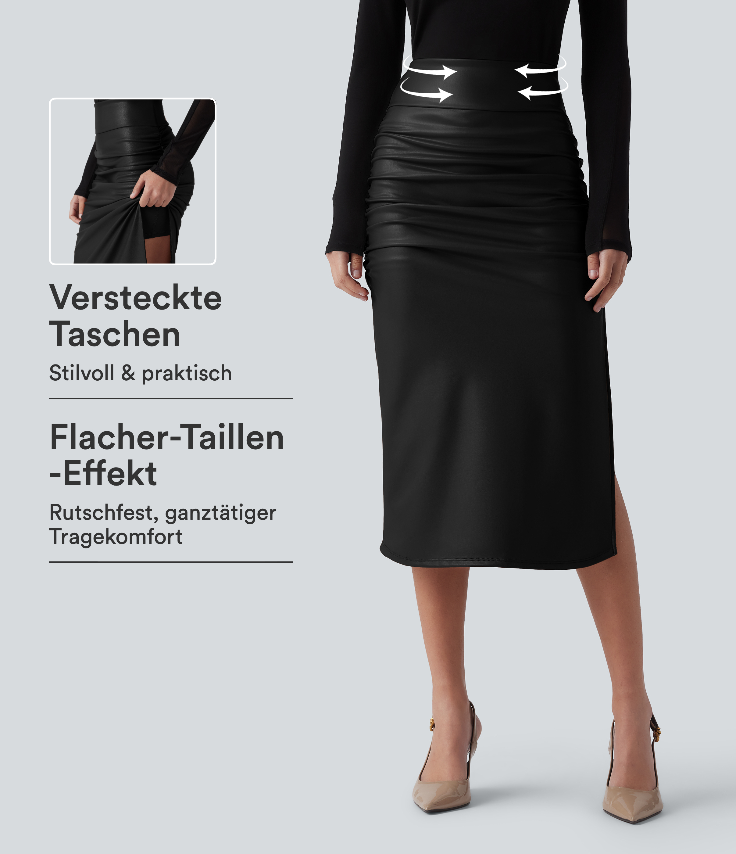 Geraffter, figurbetonter 2-in-1 Midirock aus Kunstleder mit hohem Bund und abgerundetem Saum