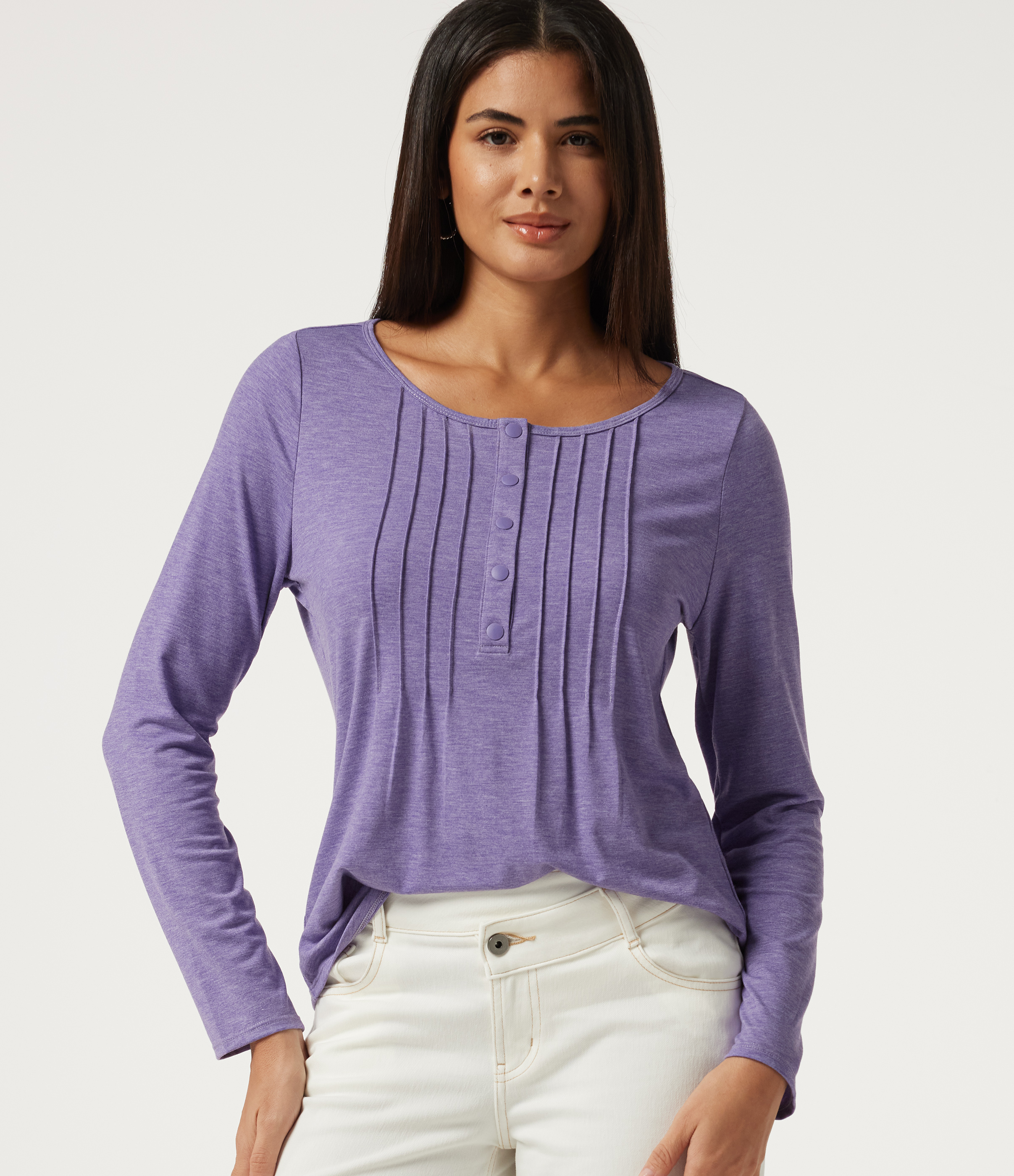 Boat Neck Pintuck Long Sleeve Curved Hem Casual Top
