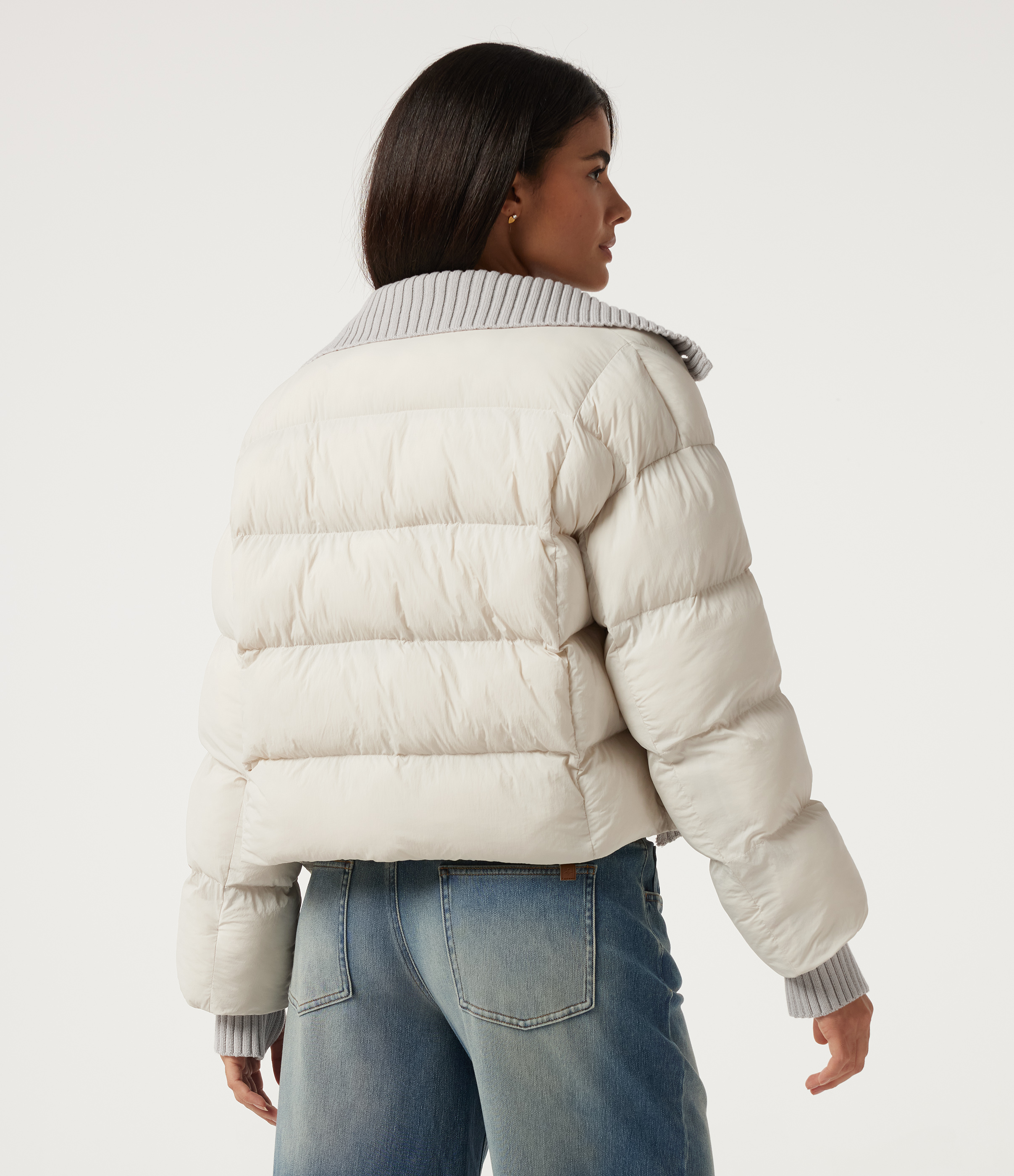 White Down High Neck Long Sleeve Casual Puffer Jacket with Pockets and Thumb Holes / 2