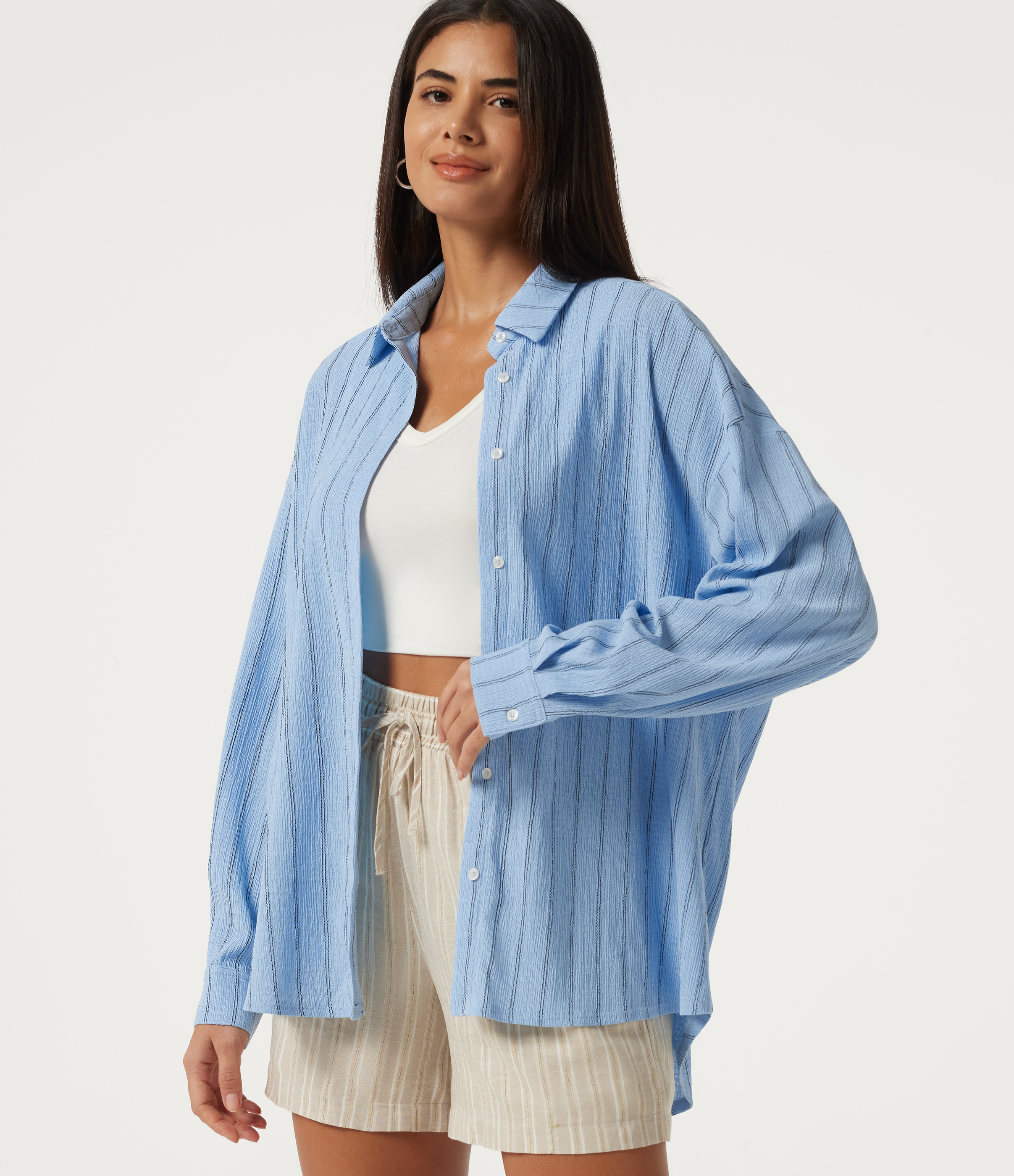 Collared Dropped Long Sleeve Relaxed Stripe Casual Blouse