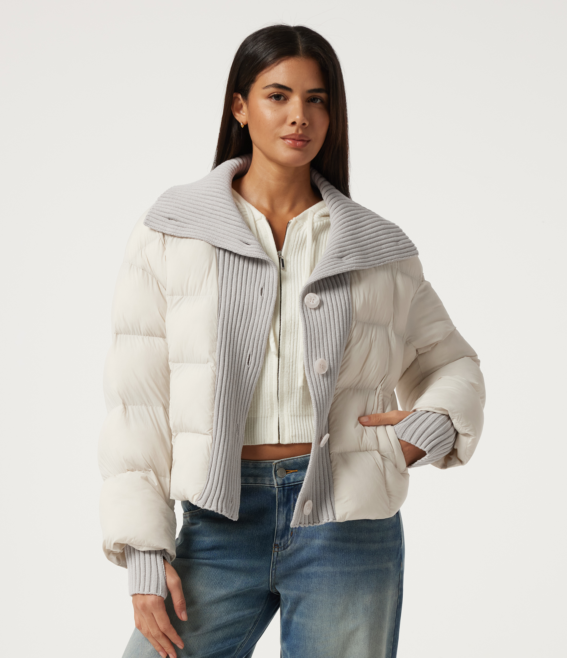 High Neck Long Sleeve Casual Puffer Jacket with Pockets and Thumb Holes