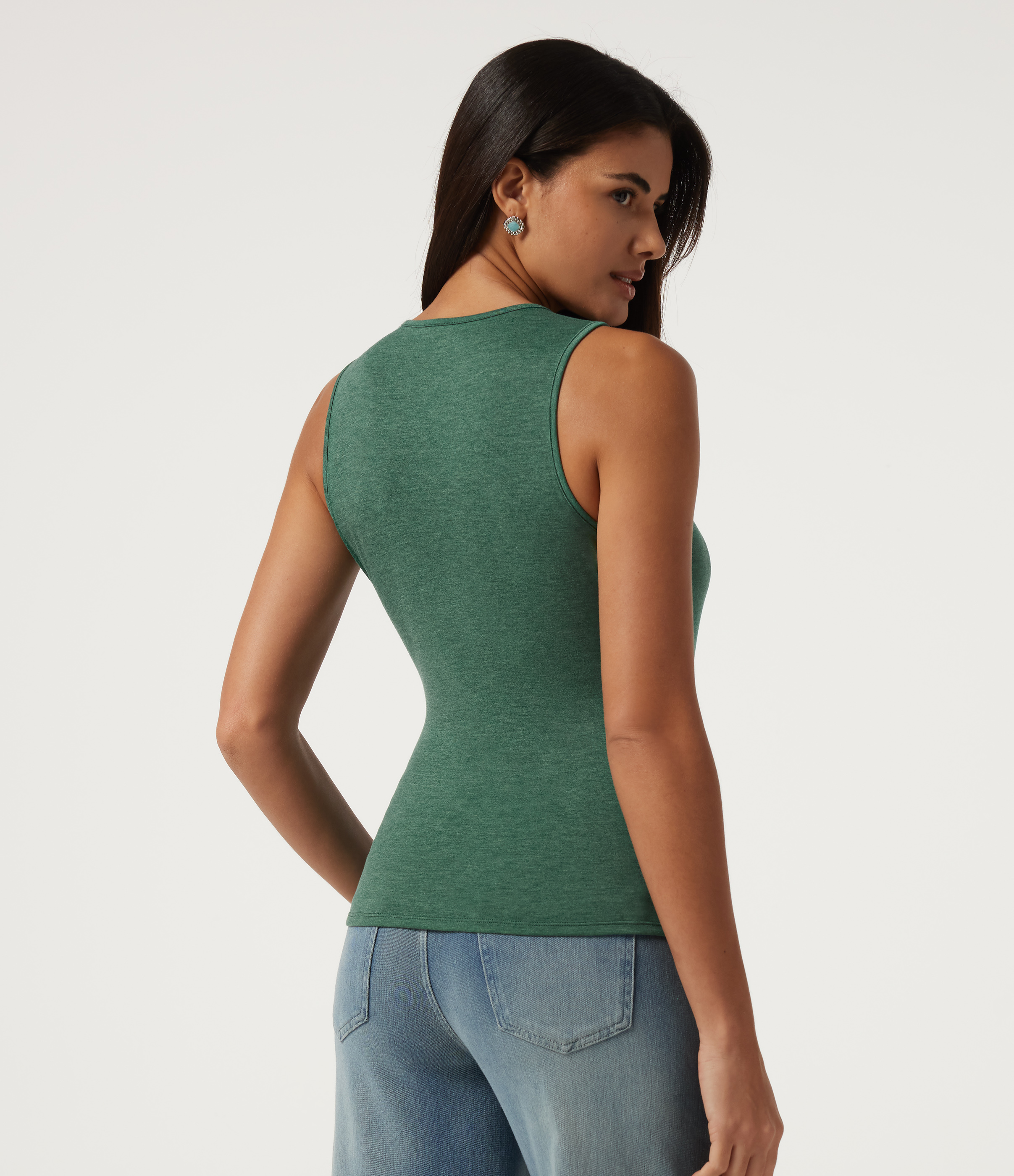Dark Green Floral Yarn V Neck Ruched Asymmetric Heathered Casual Tank Top / 2