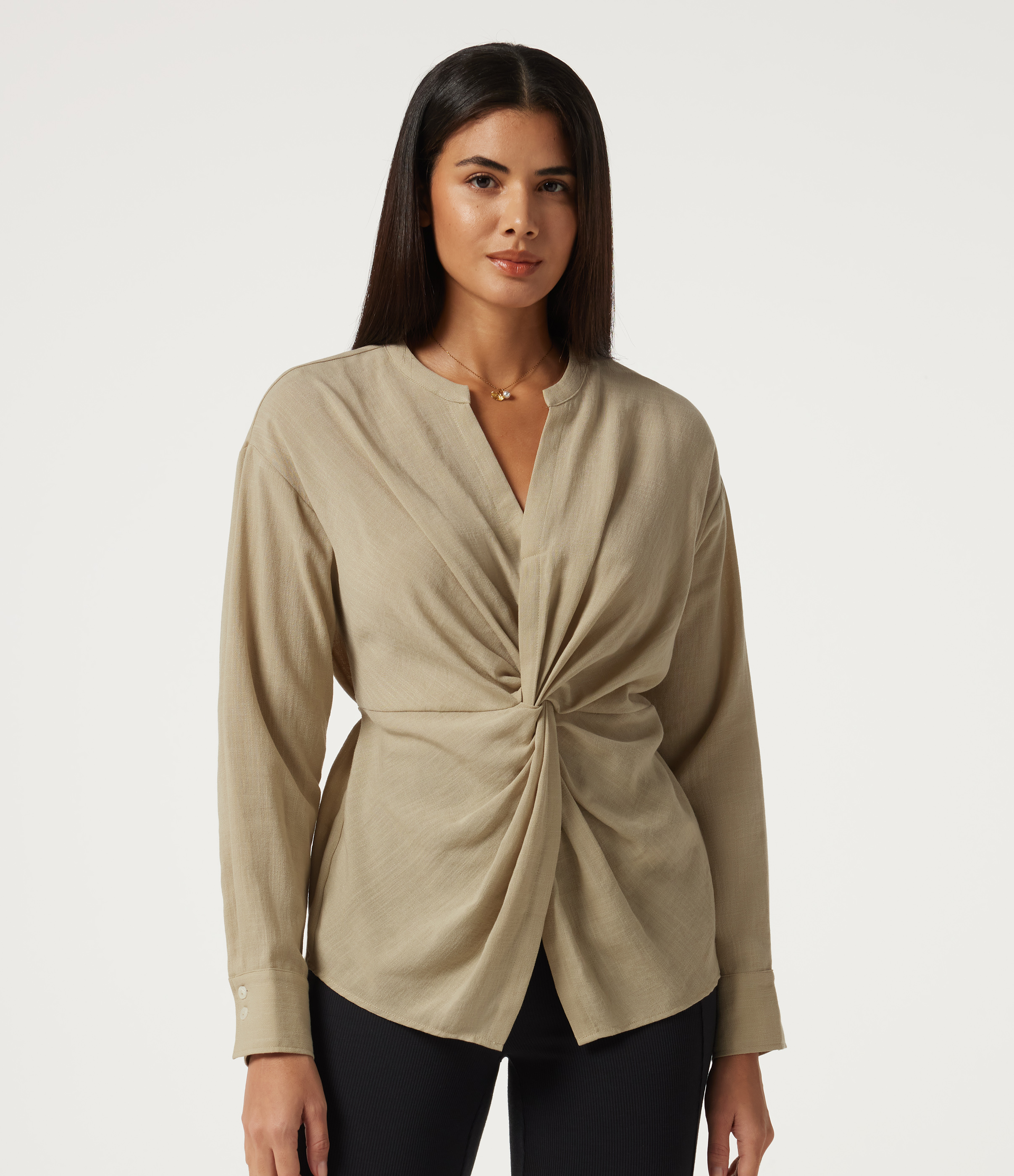 V Neck Twisted Long Sleeve Tie Back Casual Linen-Feel Blouse