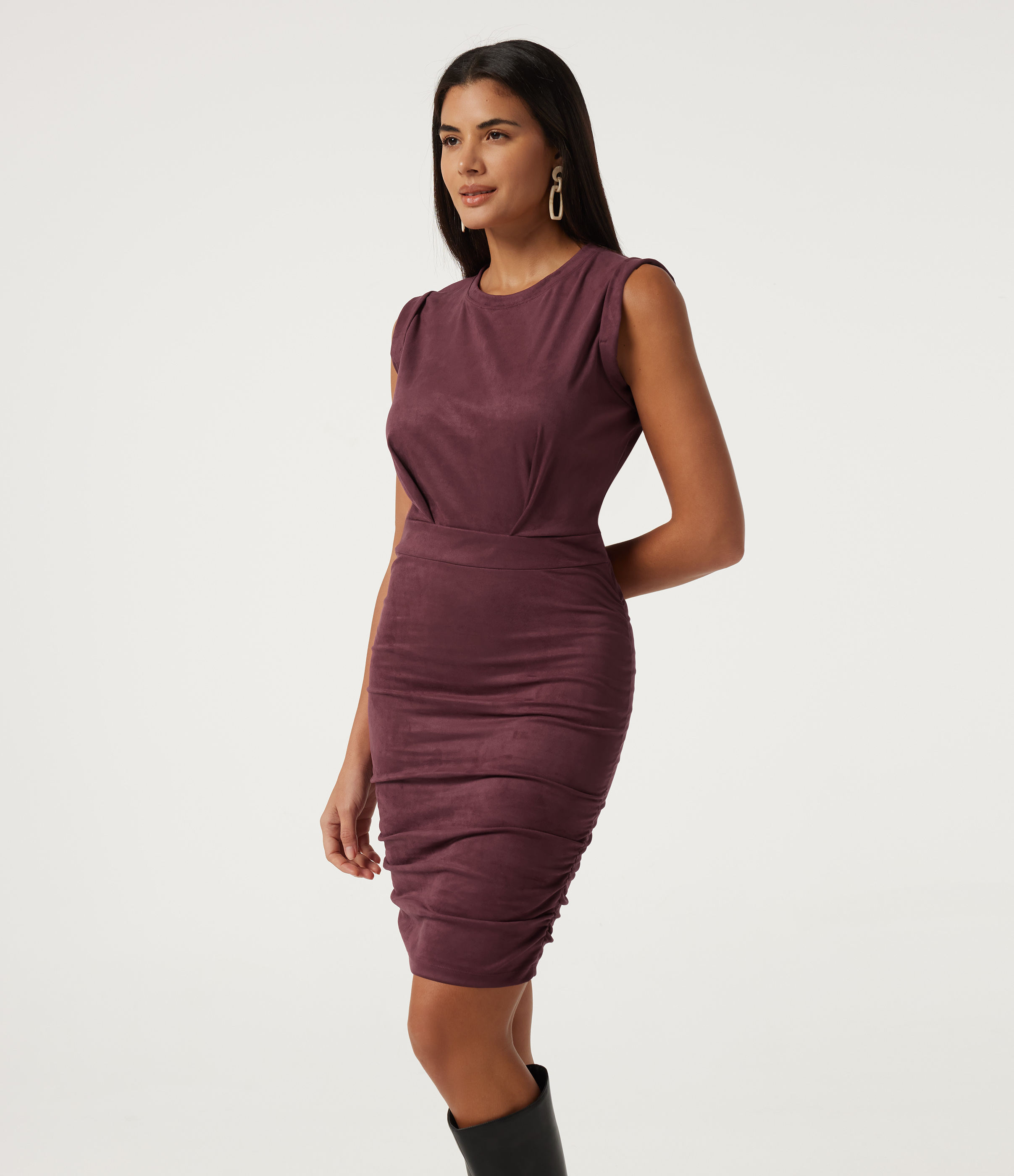 Round Neck Sleeveless Ruched Bodycon Suede Mini Party Dress