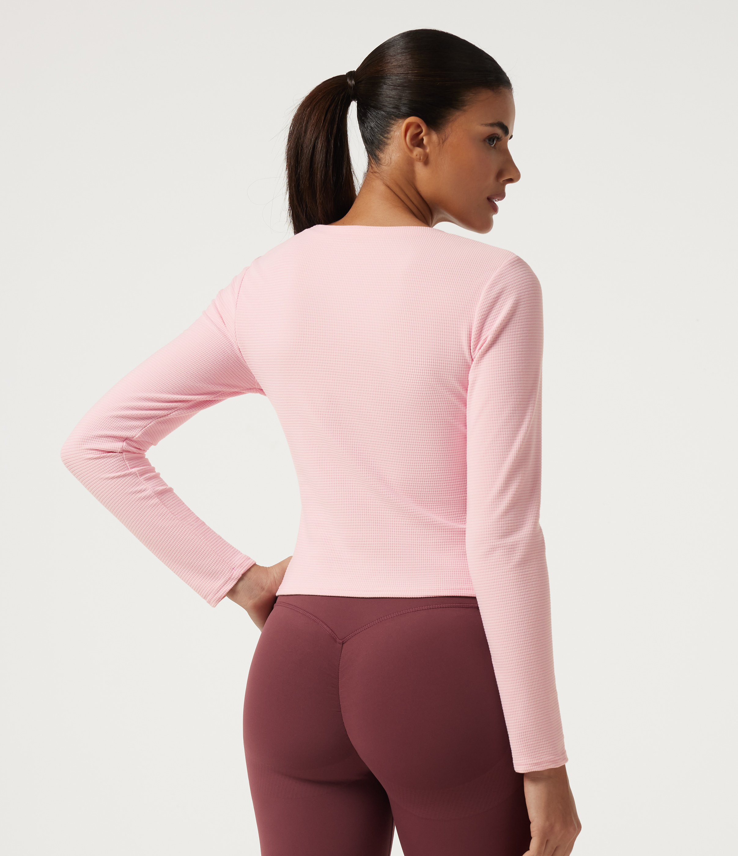 Parfait Pink U Neck Long Sleeve Quick Dry Boxy Yoga Top / 2