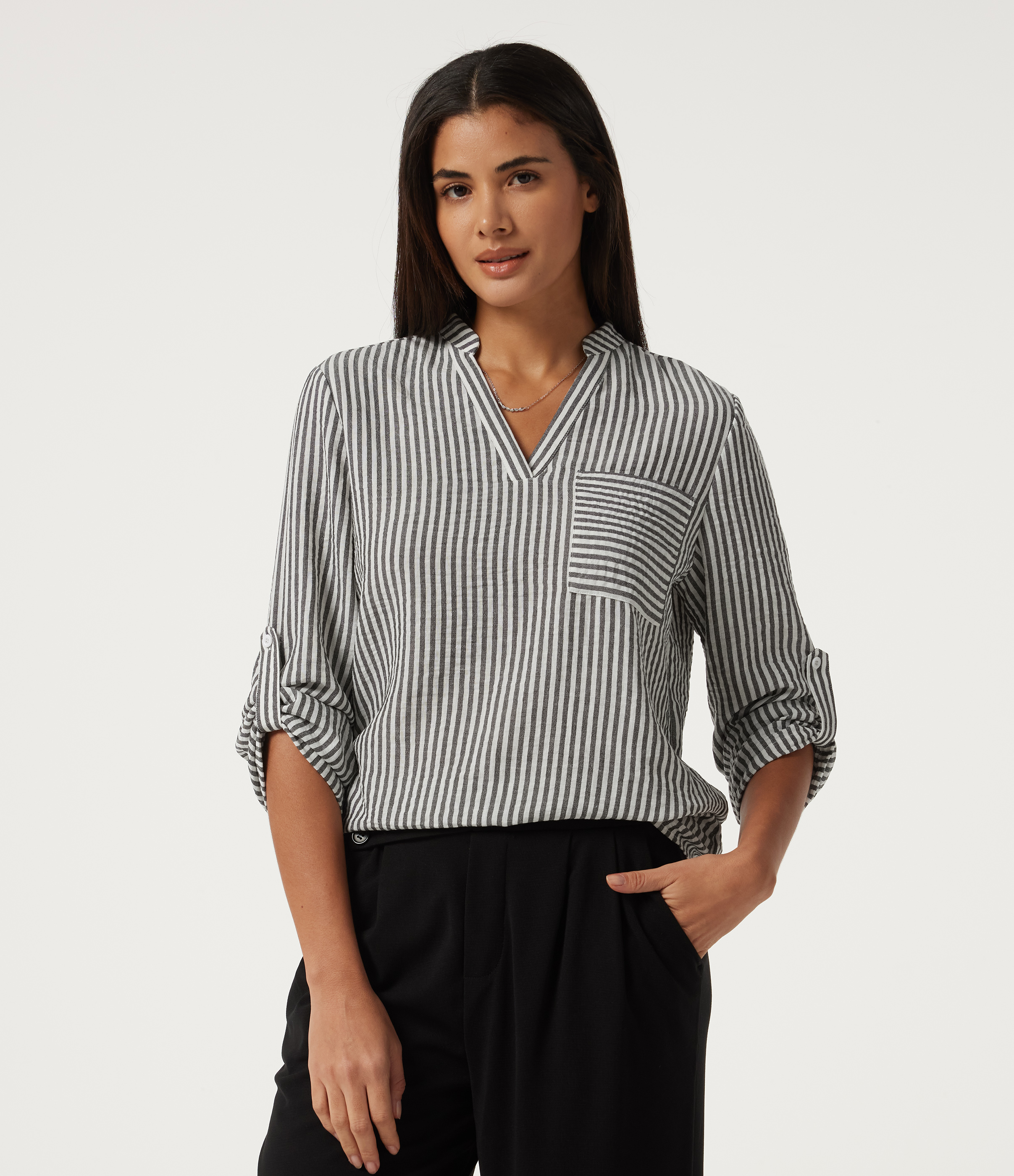 V Neck Long Sleeve Stripe Work Linen-Feel Blouse with Pocket