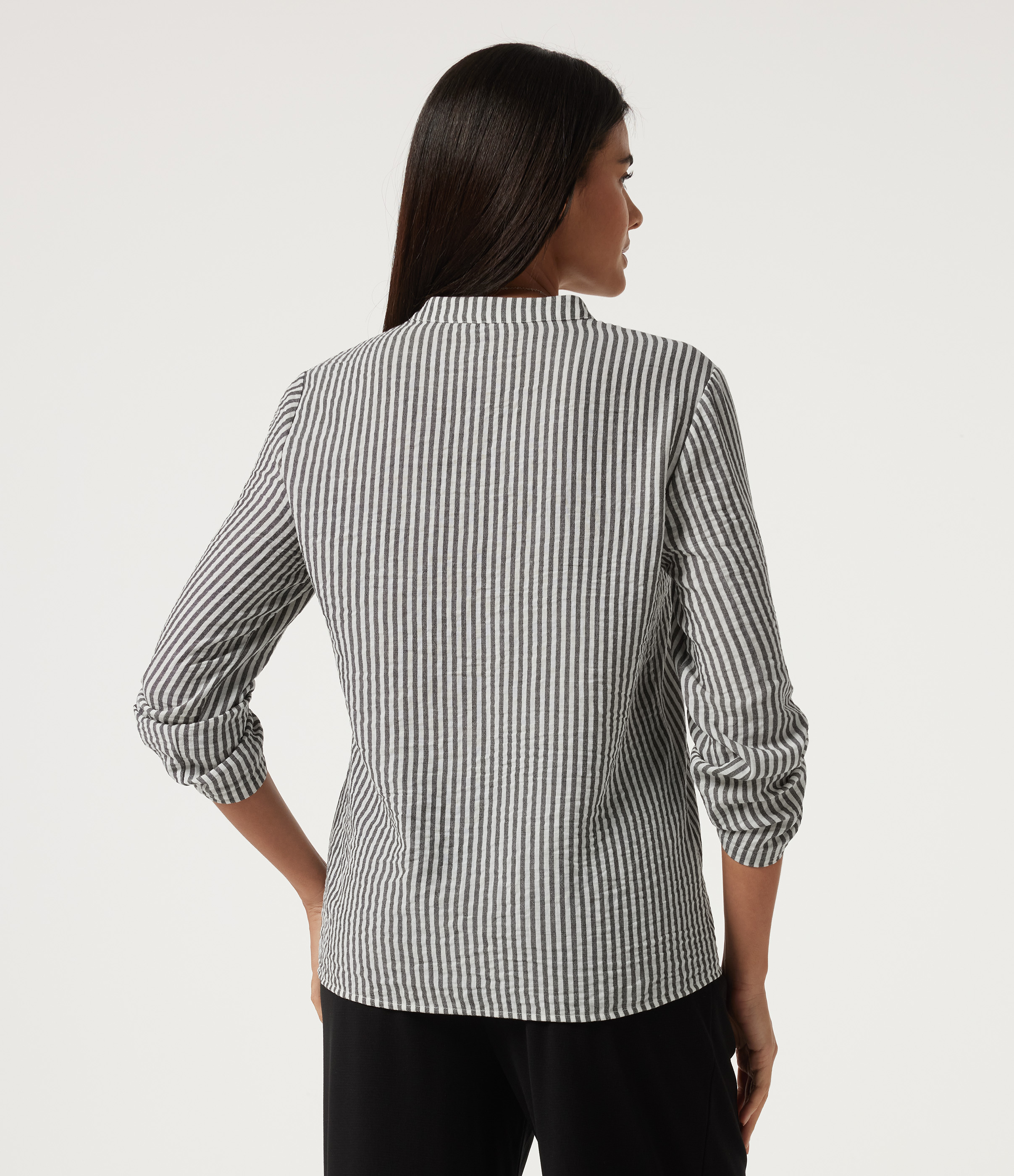 Light Black White Stripe V Neck Long Sleeve Stripe Work Linen-Feel Blouse with Pocket / 2
