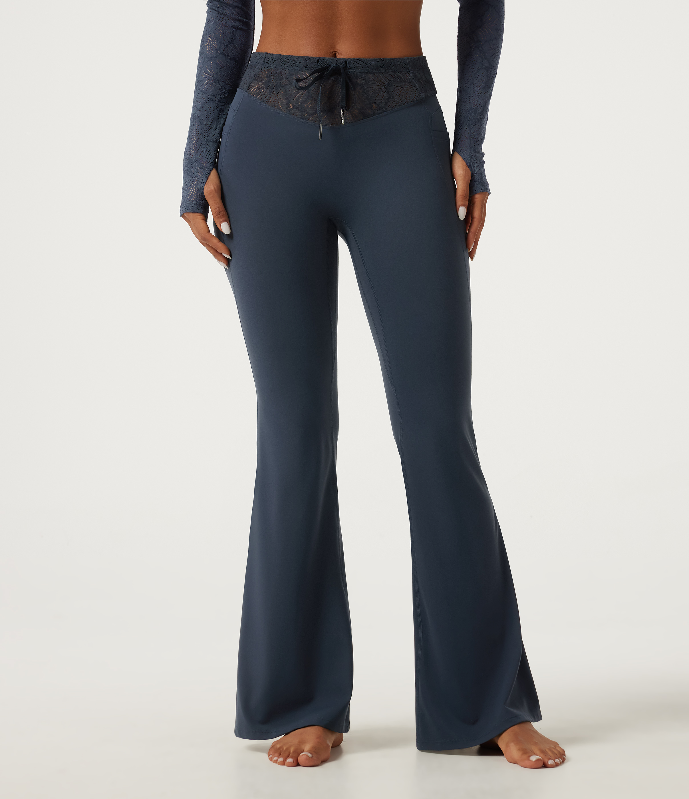 Halara UltraSculpt™ Mid Rise Drawstring Contrast Lace Flare Yoga Leggings with Pockets
