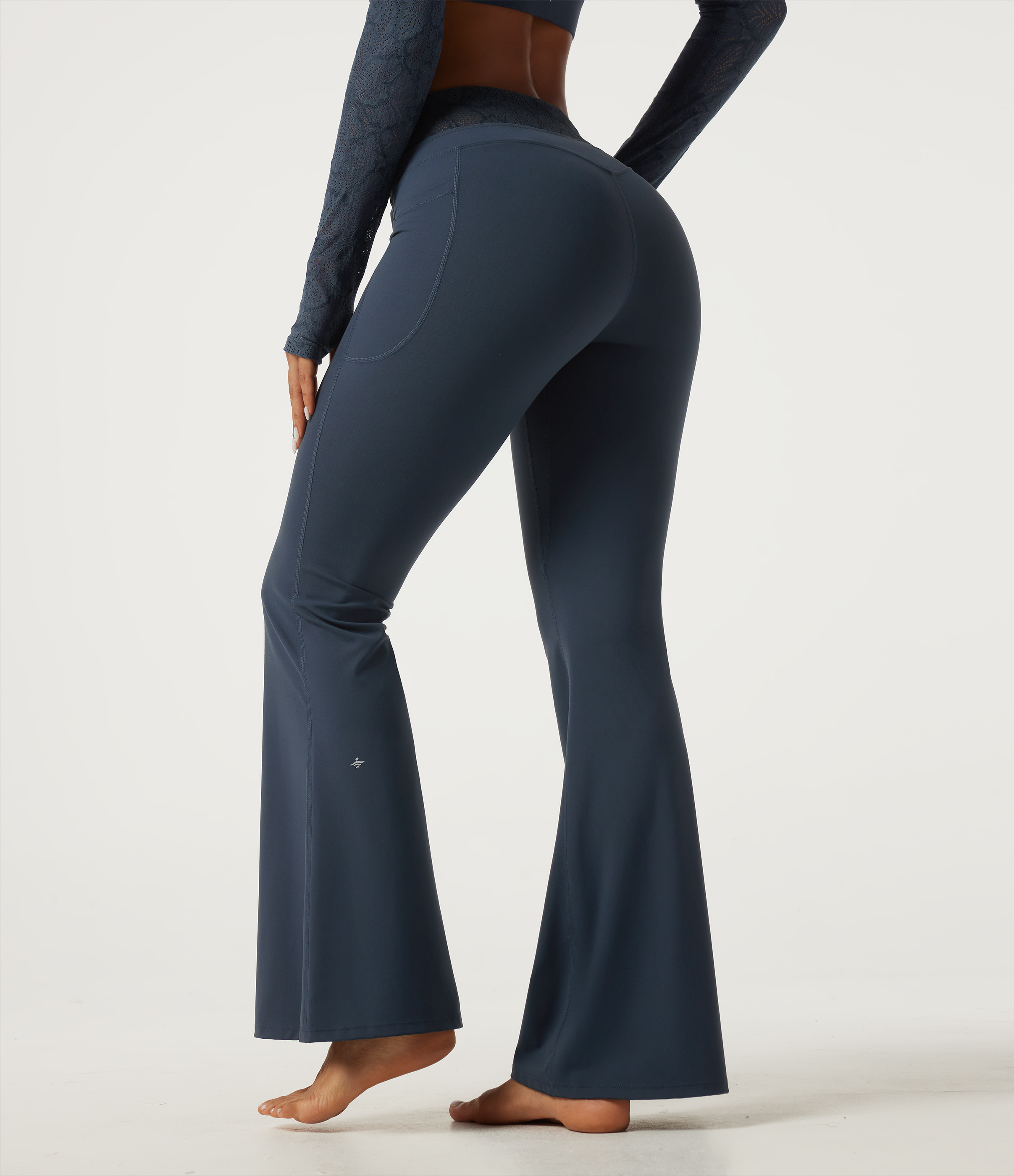 Carbon Halara UltraSculpt™ Mid Rise Drawstring Contrast Lace Flare Yoga Leggings with Pockets / 2