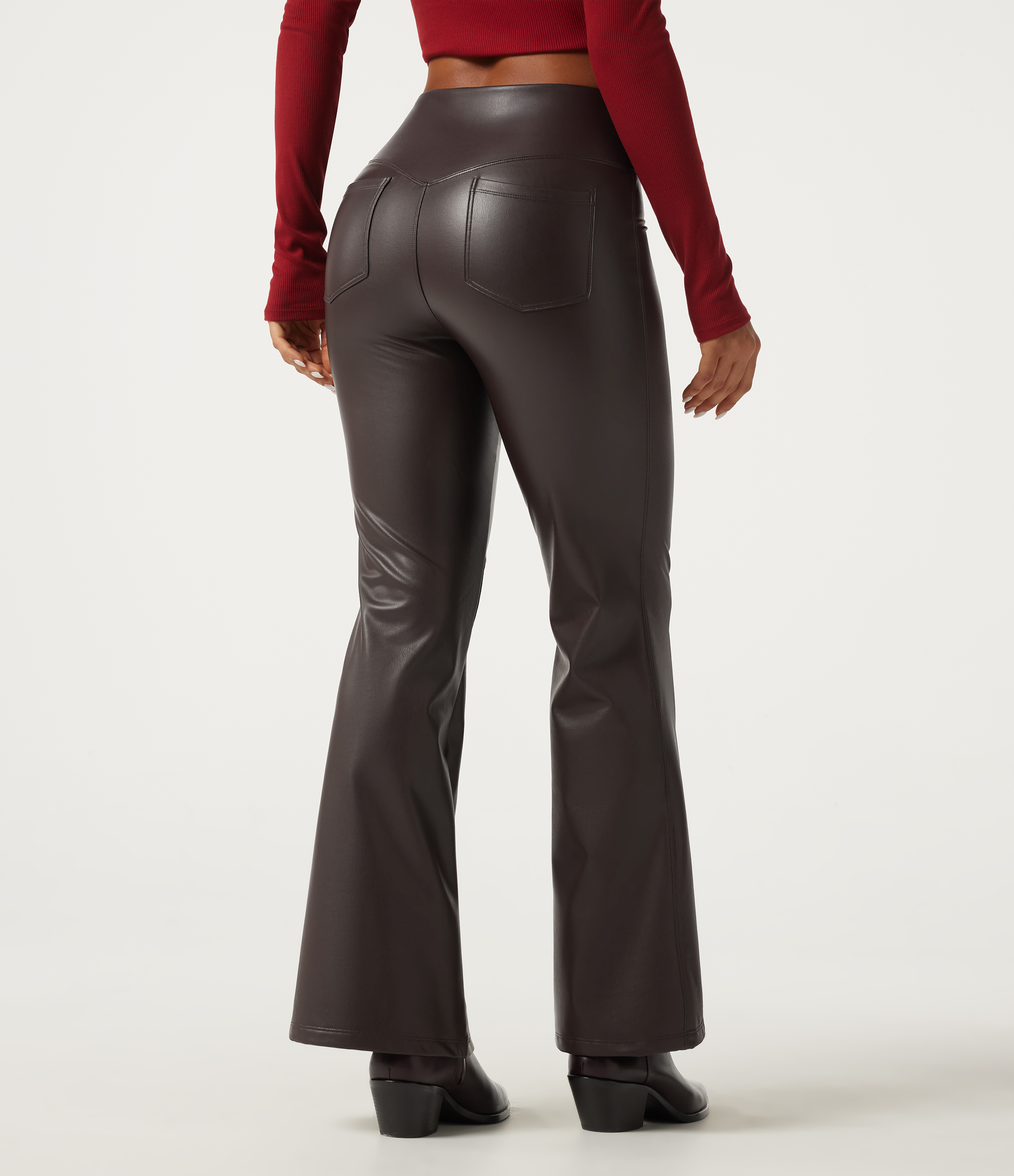 Hot Fudge Leggings décontractés taille haute à effet ventre plat, extensibles en PU avec doublure polaire, coupe évasée, avec poches / 2