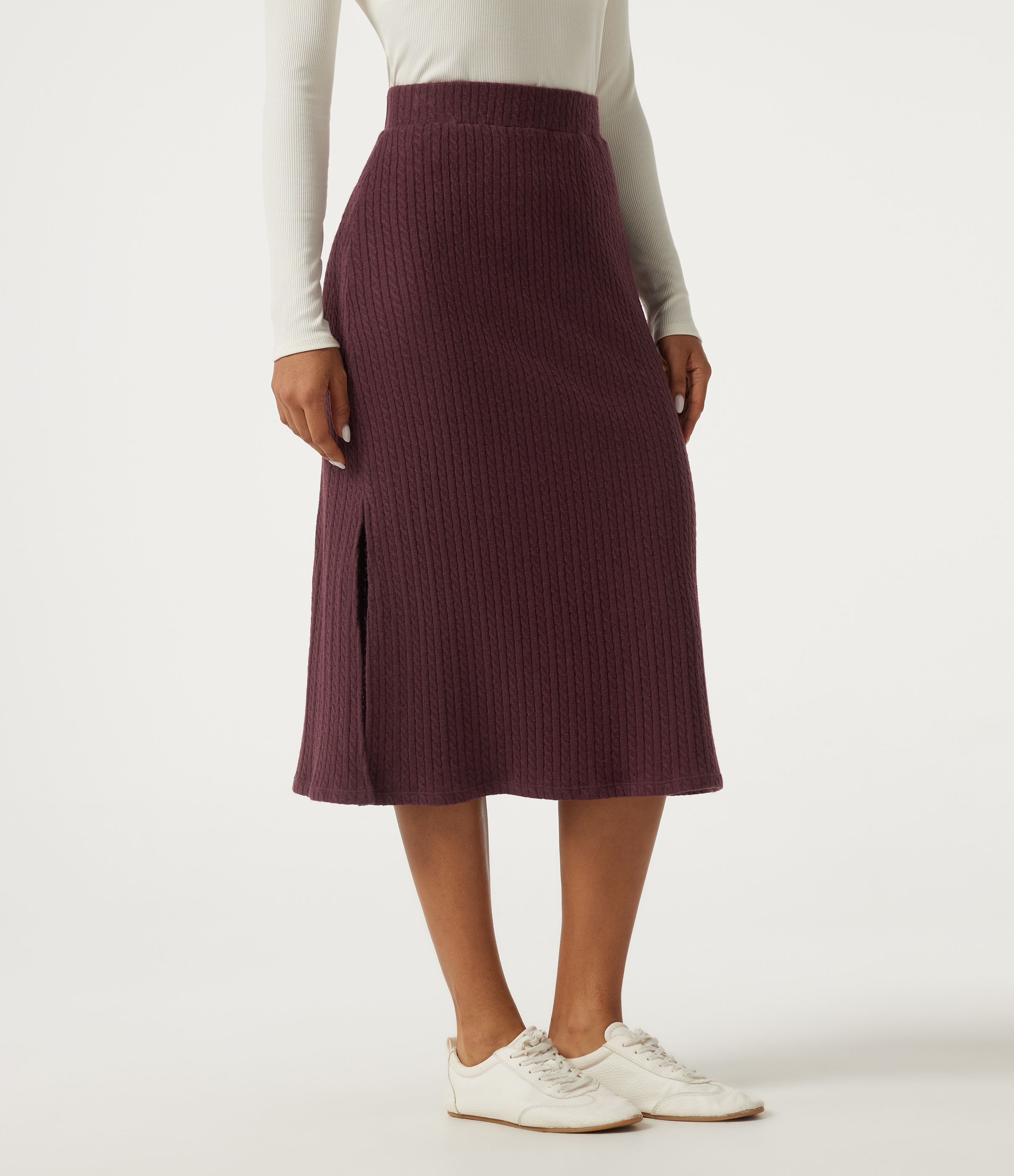 Falda midi casual de talle alto, corte en A, con abertura en el dobladillo