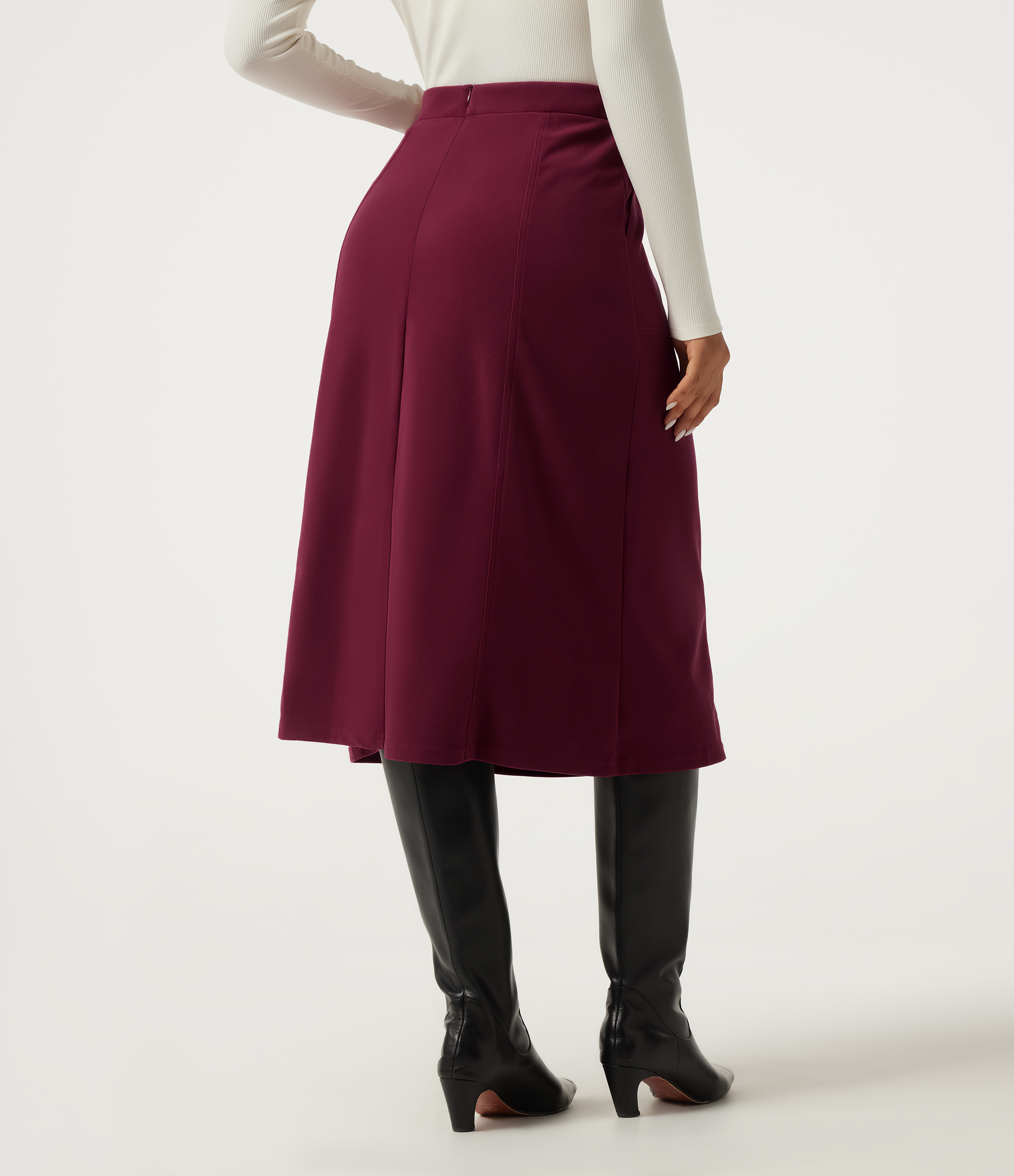 Pomegranate Jupe midi en velours côtelé taille haute coupe trapèze avec poches / 2