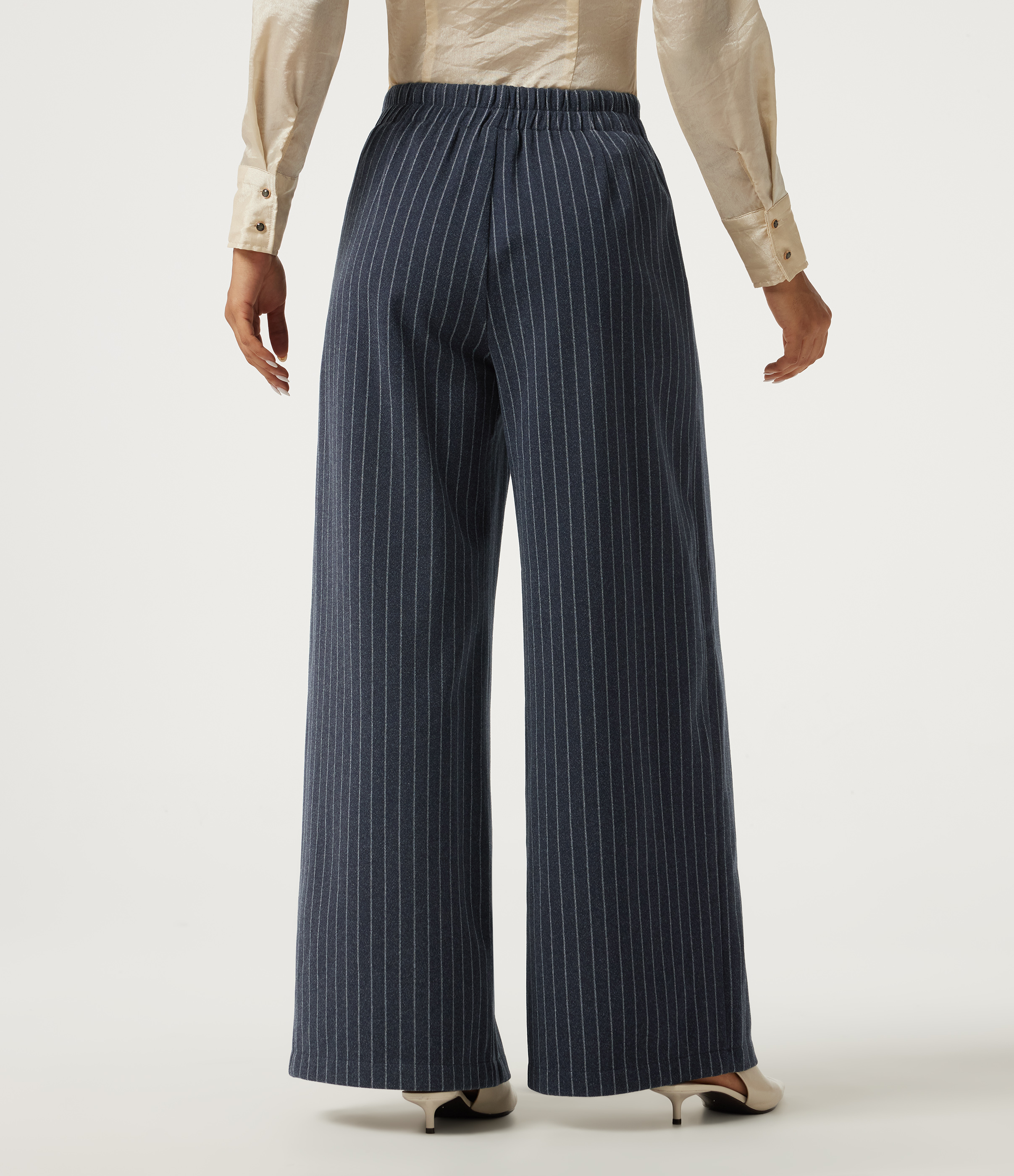 Deep Blue Stripe High Waisted Wide Leg Stripe Fleece Work Pants with Pockets / 2