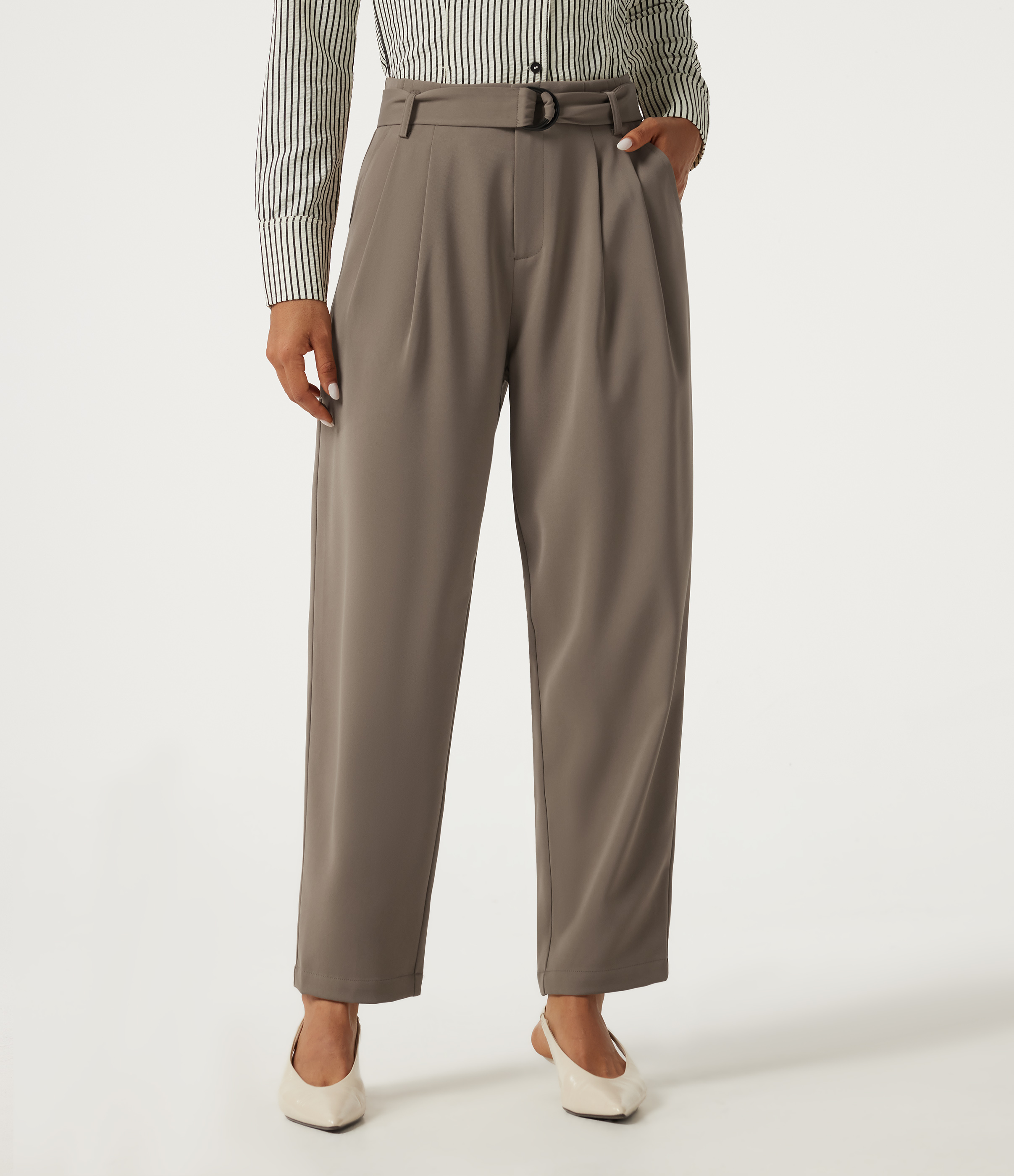 High Waisted Belted Tapered Work Pants with Pockets