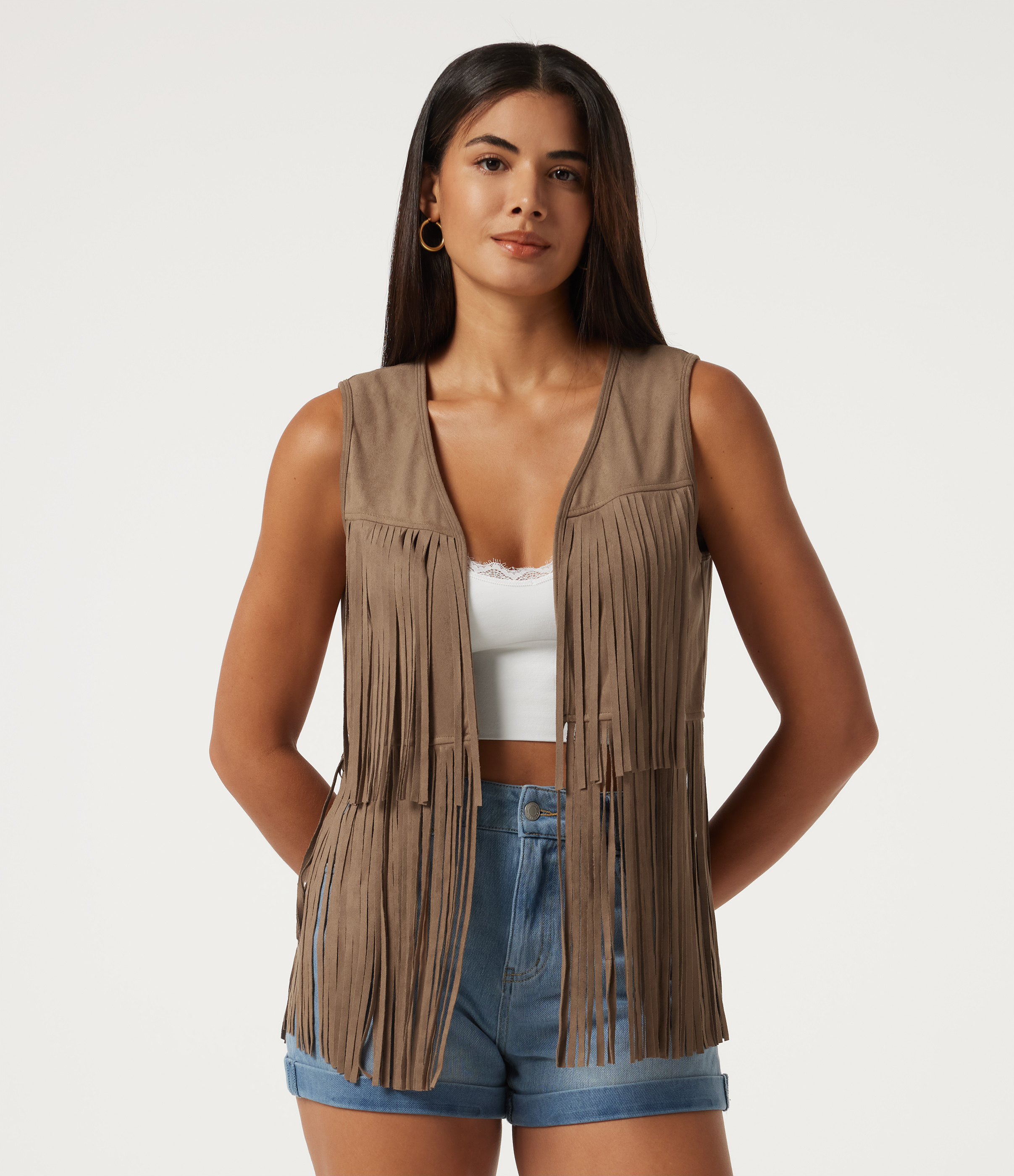 V Neck Open Front Fringe Suede Casual Vest