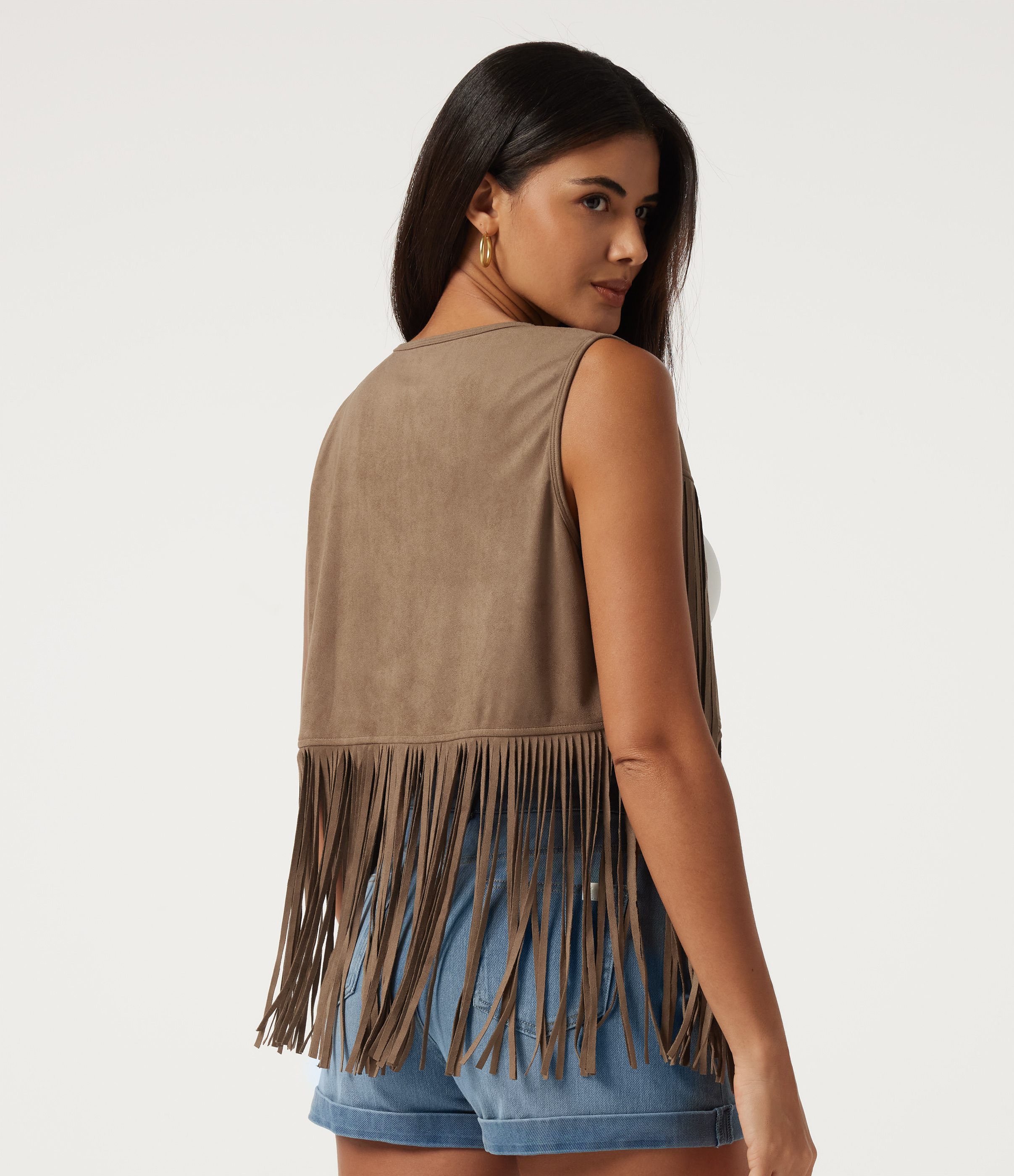 Coca Mocha V Neck Open Front Fringe Suede Casual Vest / 2