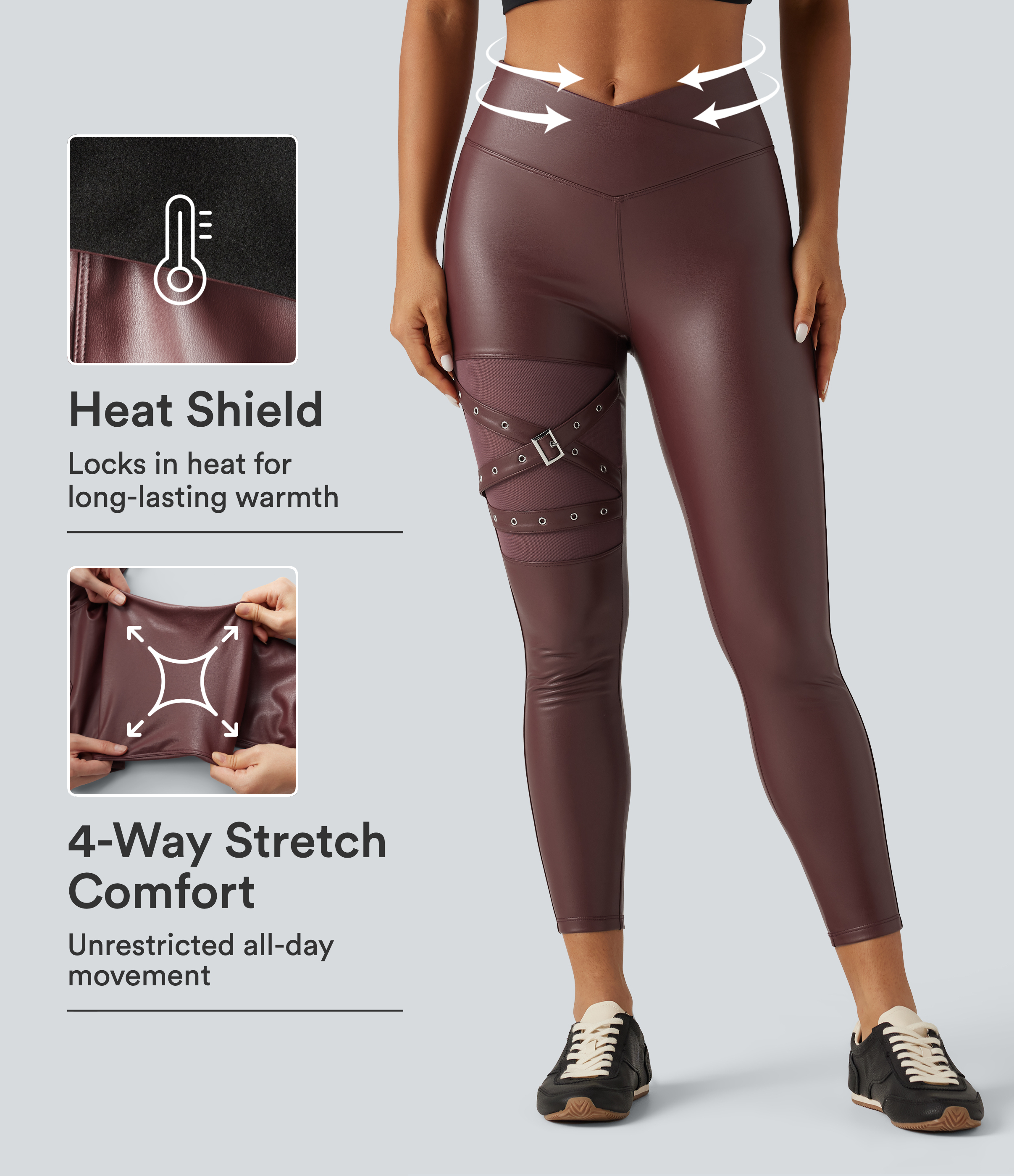 High Waisted Crossover Tummy Control Stretchy PU Fleece Casual Leggings with Pockets