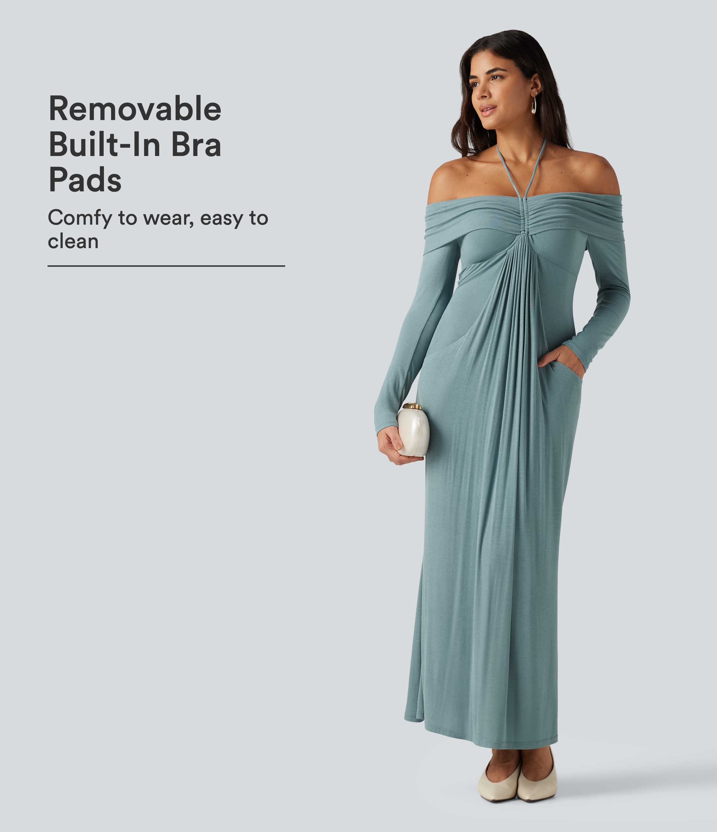 Robe maxi de soirée halter à épaules dénudées, froncée, manches longues, avec soutien‑gorge intégré et poches