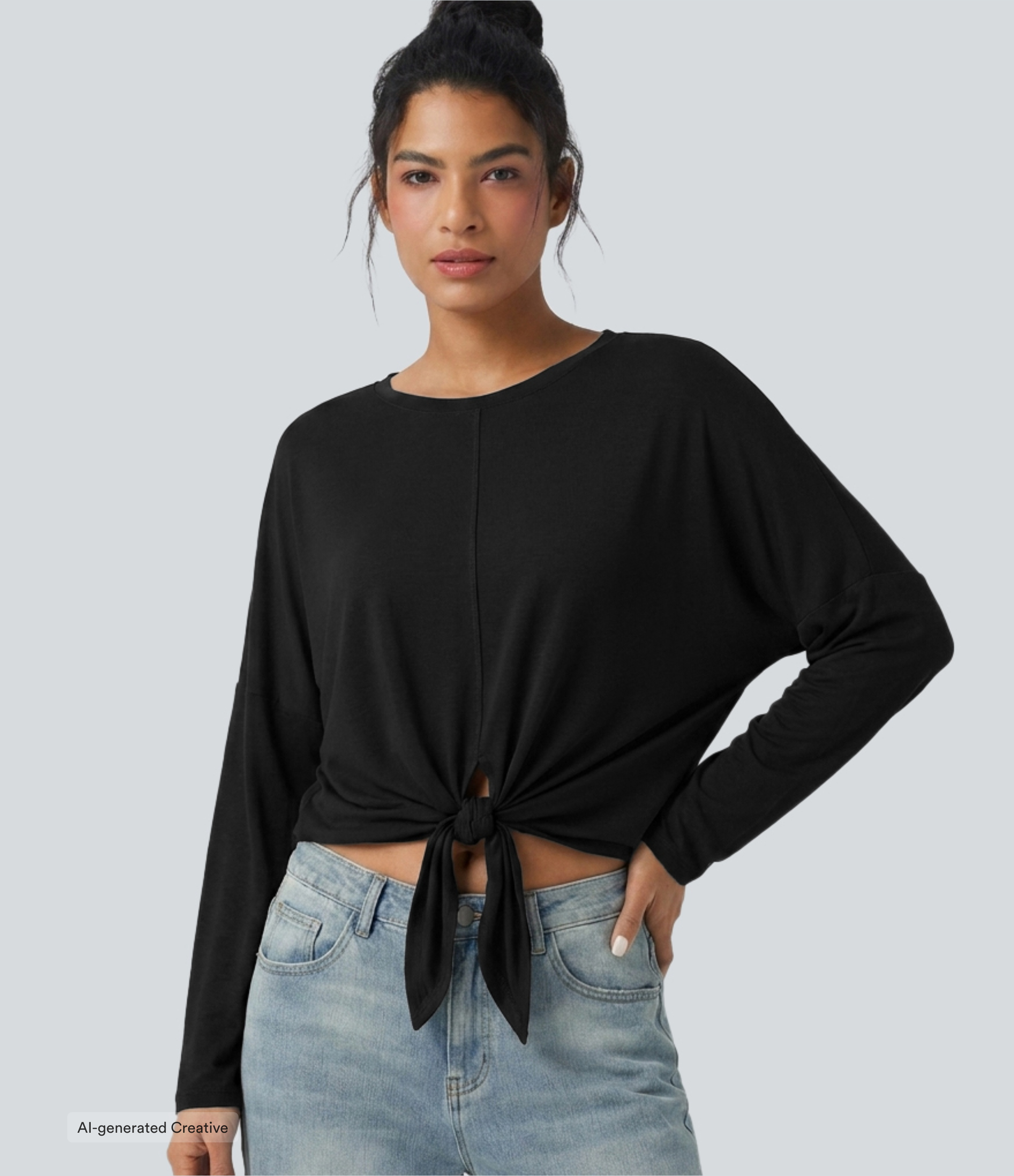 Round Neck Long Sleeve Tie Front Casual Top