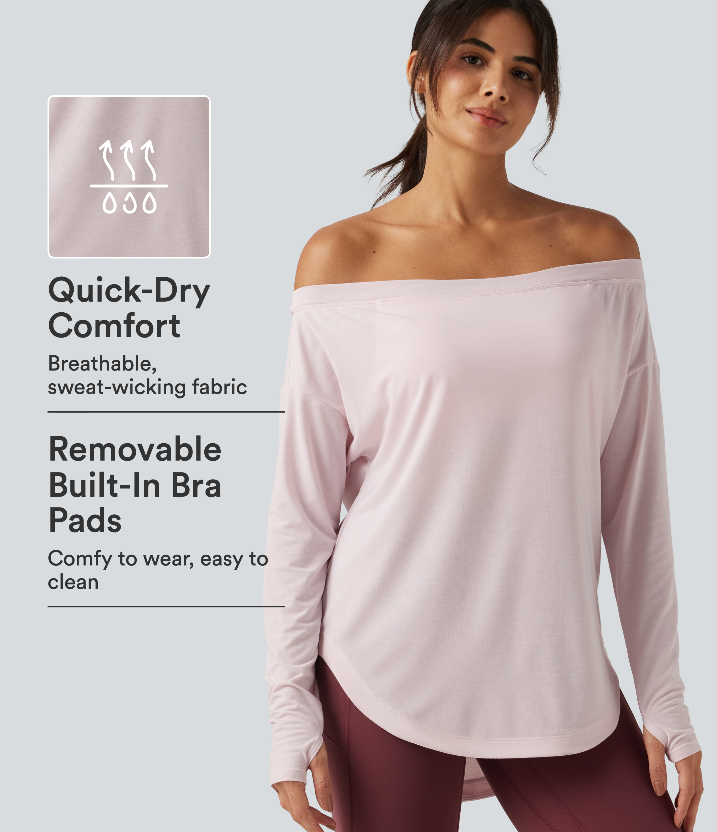 Pale Lilac Schulterfreie Langarm-Yoga-Sporttops mit integriertem BH, schnell trocknend / 1
