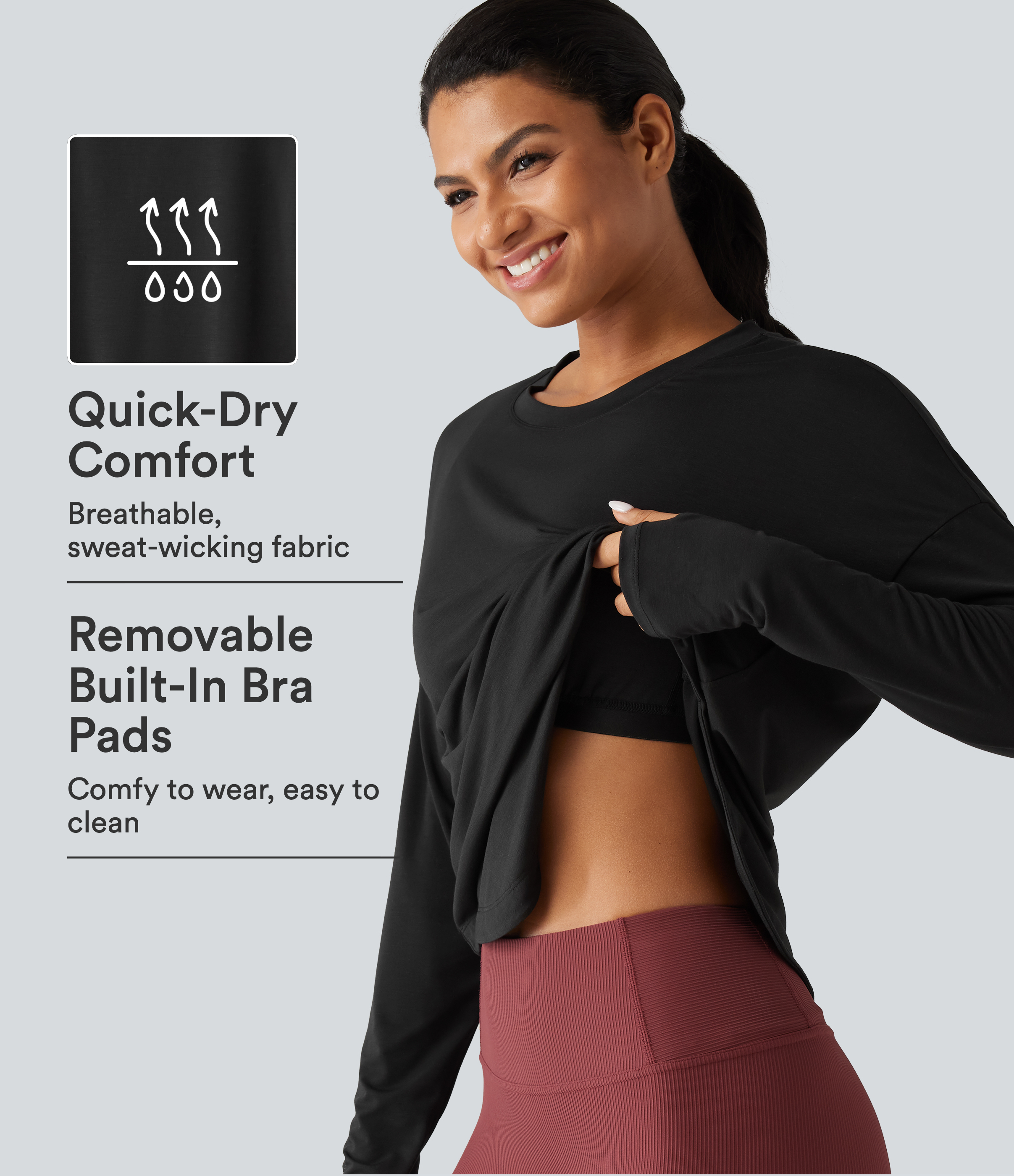 Round Neck Long Sleeve Thumb Hole Built-in Bra Quick Dry Yoga Sports Top