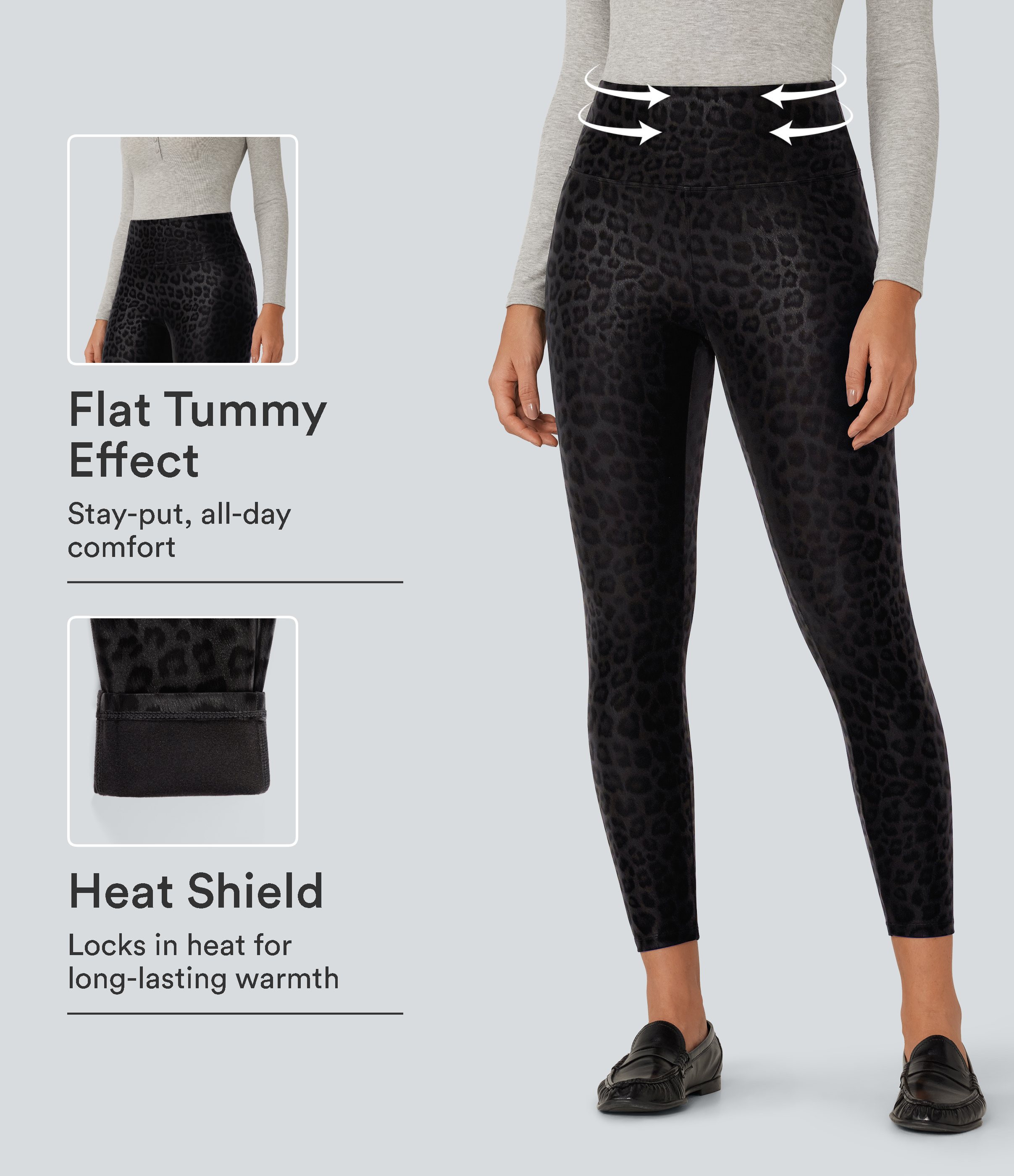 High Waisted Tummy Control Stretchy PU Leopard Print Fleece Casual Leggings with Pockets