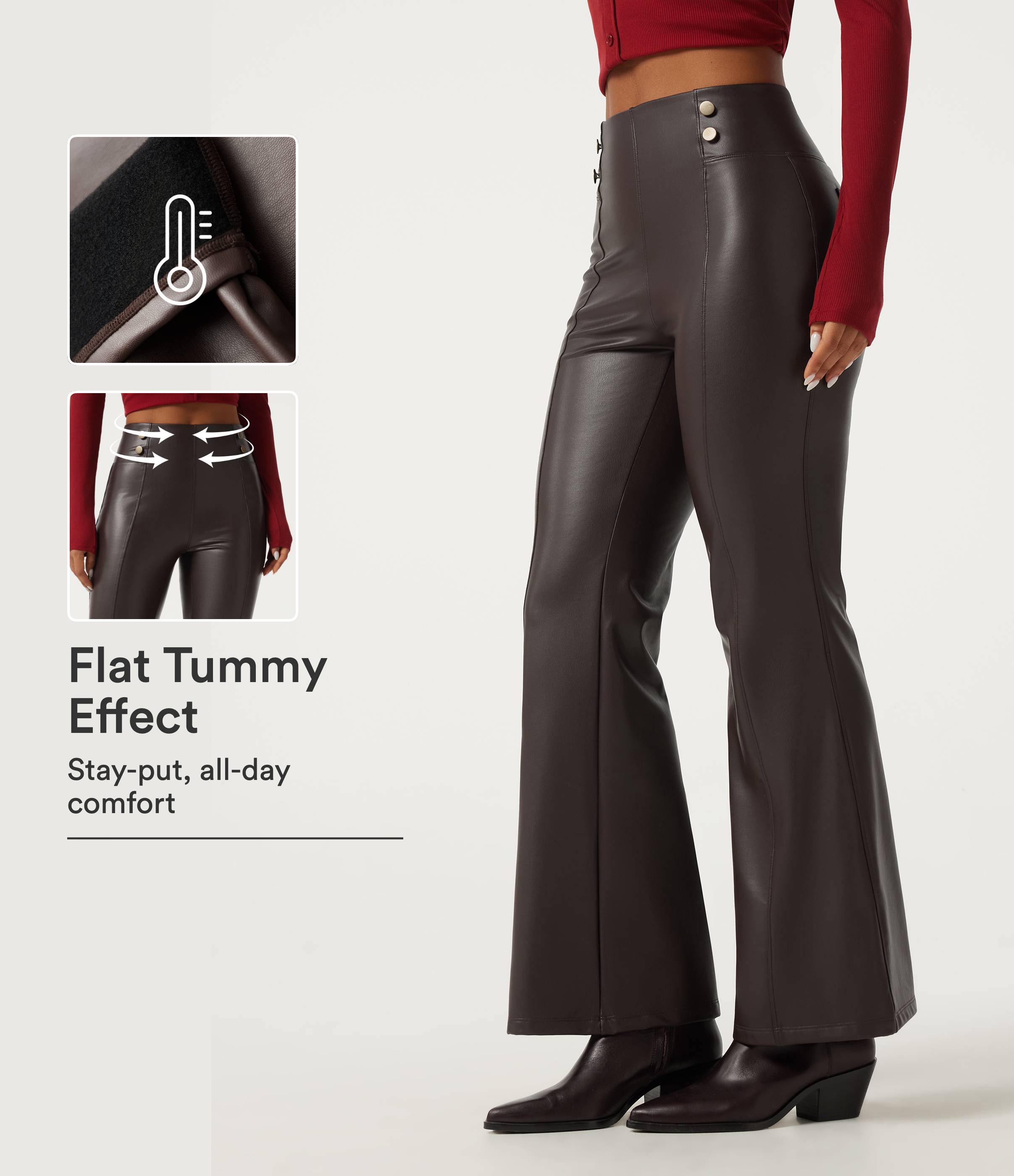 High Waisted Tummy Control Stretchy PU Fleece Flare Casual Leggings with Pockets