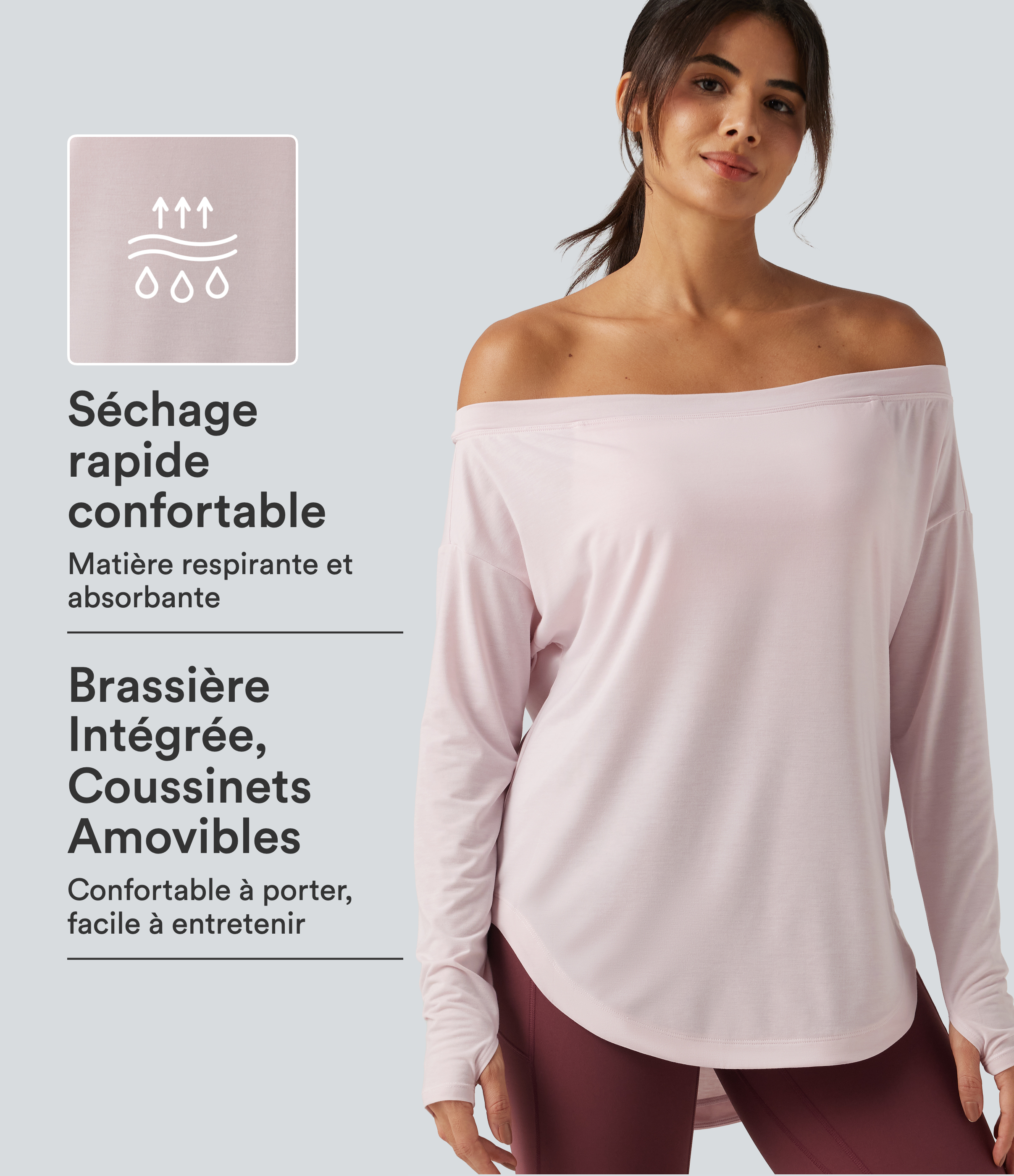 Haut de yoga à épaules dénudées, manches longues, brassière intégrée et séchage rapide