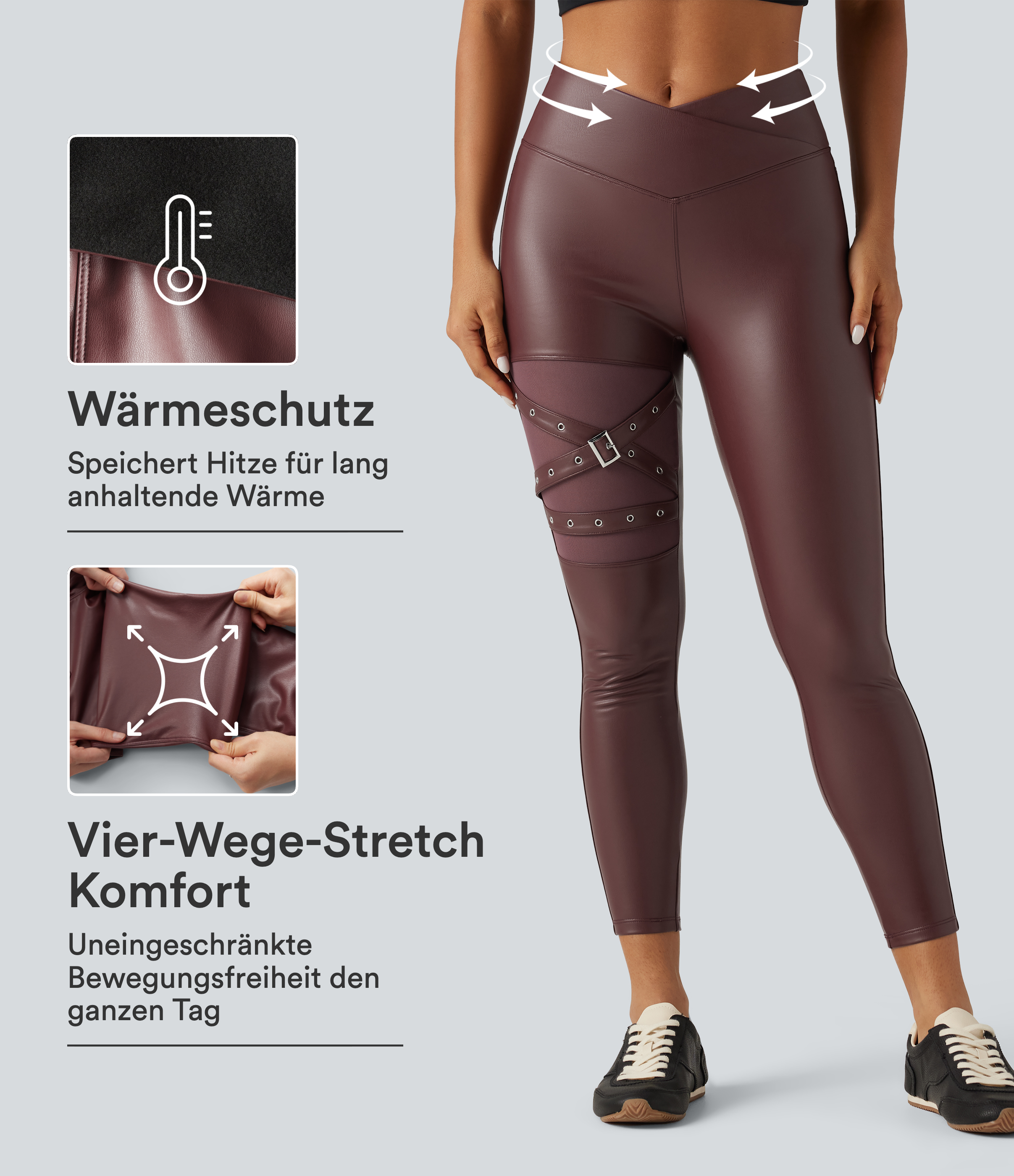 Lässige Fleece-Leggings aus elastischem Kunstleder mit hohem Crossover-Bund, Gesäßtaschen und Bauchkontrolle