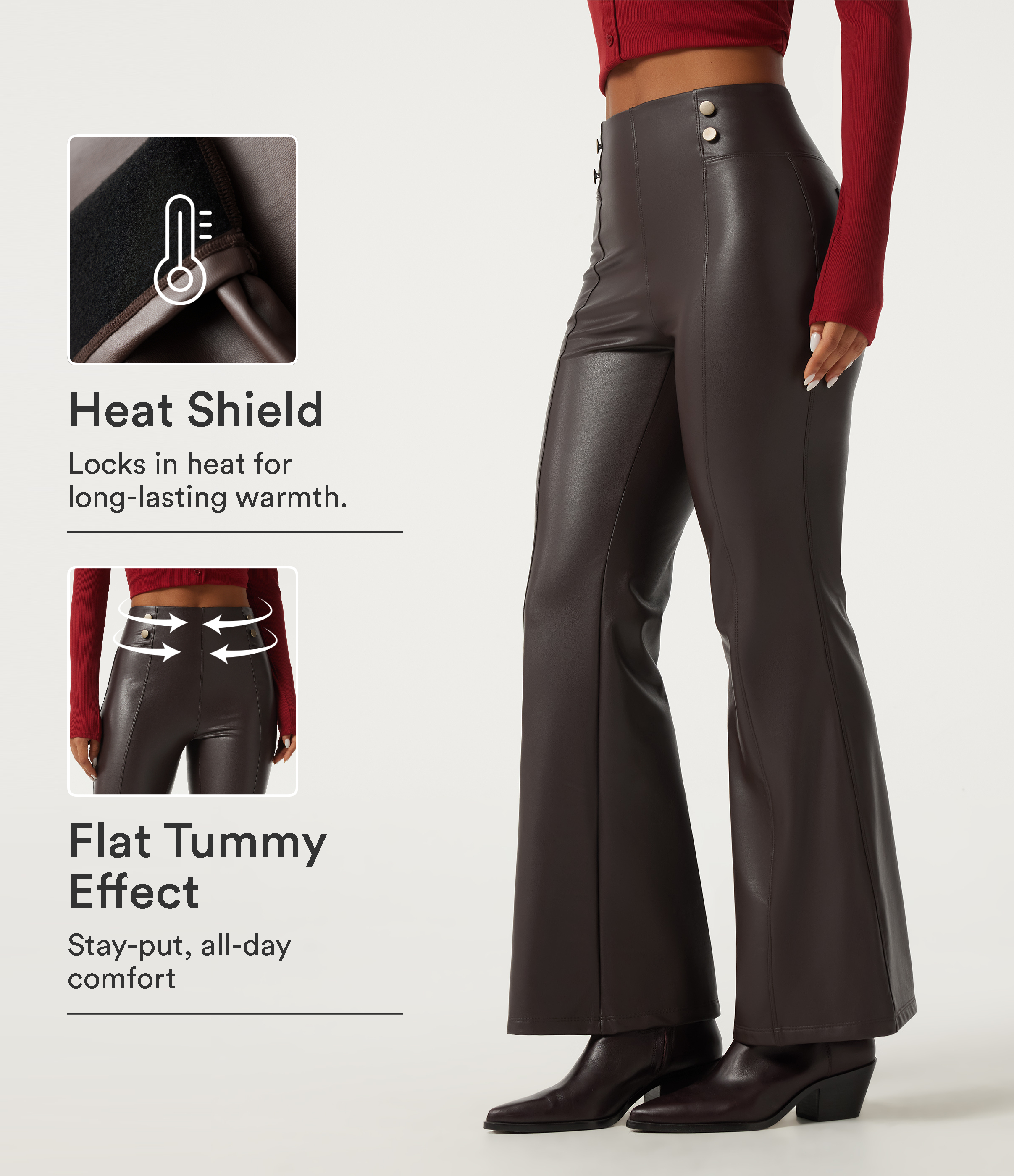 High Waisted Tummy Control Stretchy PU Fleece Flare Casual Leggings with Pockets